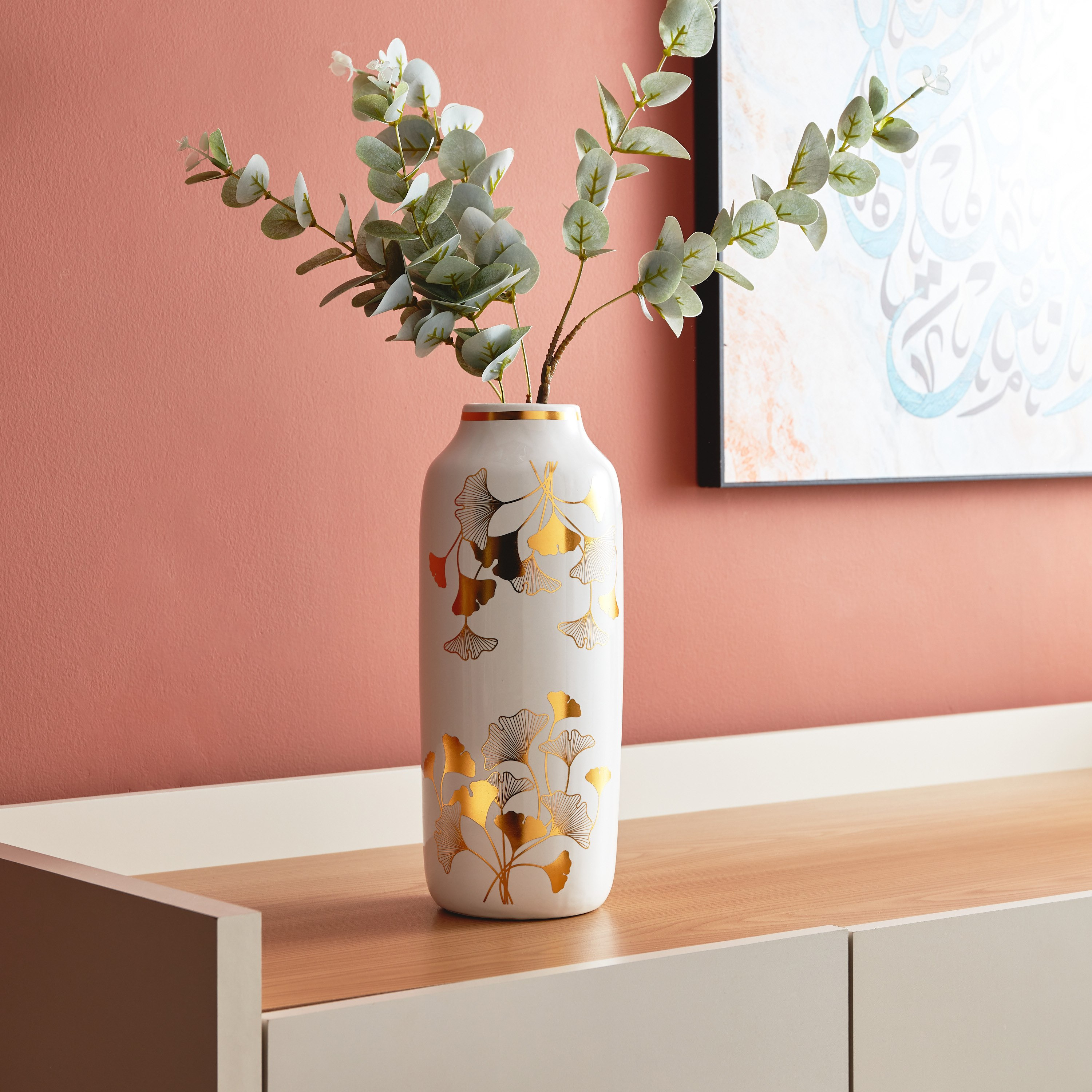 Heba Cylindrical Ceramic Vase with Ginkgo Design - 13x13x31 cm-hbxbedroom-decorandaccessories-vases-image-1