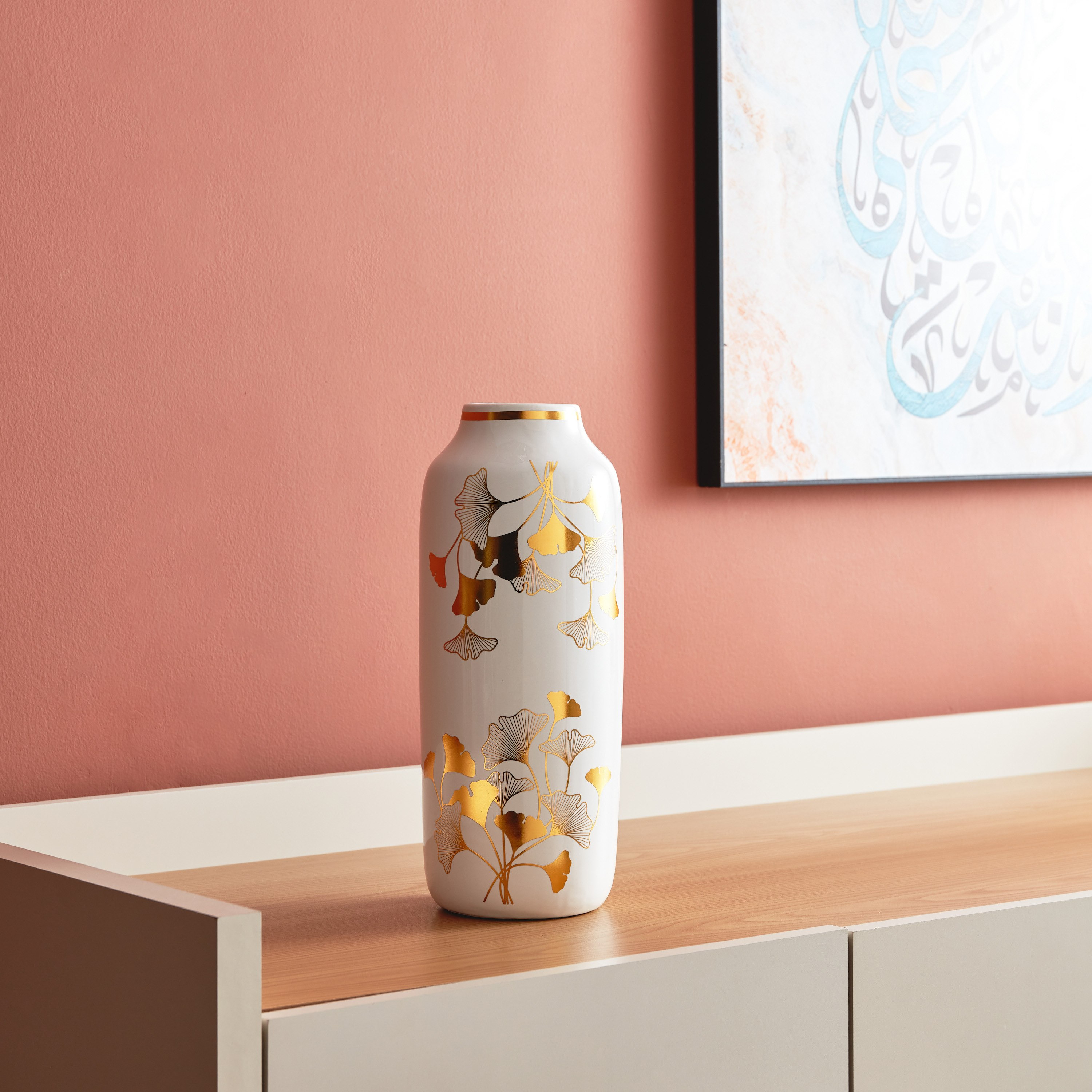 Heba Cylindrical Ceramic Vase with Ginkgo Design - 13x13x31 cm-hbxbedroom-decorandaccessories-vases-image-2