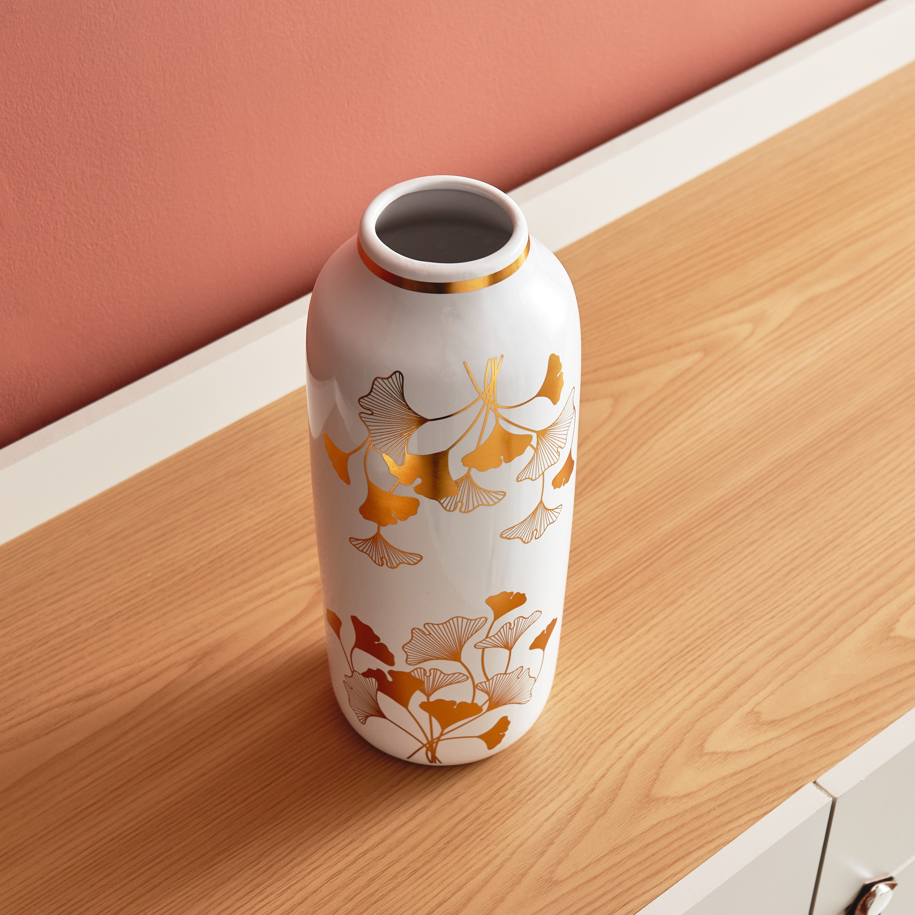 Heba Cylindrical Ceramic Vase with Ginkgo Design - 13x13x31 cm-hbxbedroom-decorandaccessories-vases-image-3