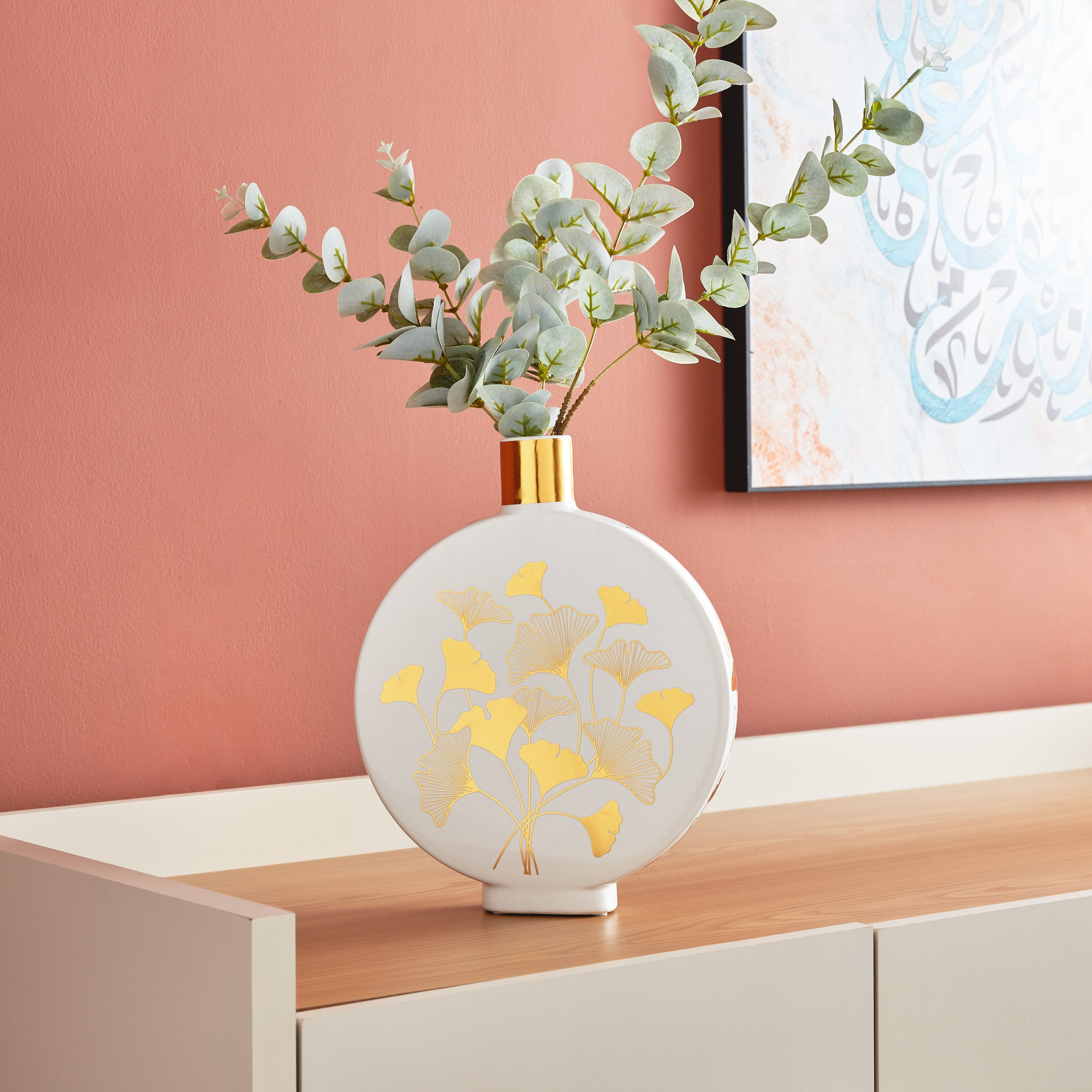 مزهرية سيراميك مستديرة بتصميم جينكو من هبة - 23x6x30 سم-hbxbedroom-decorandaccessories-vases-image-1