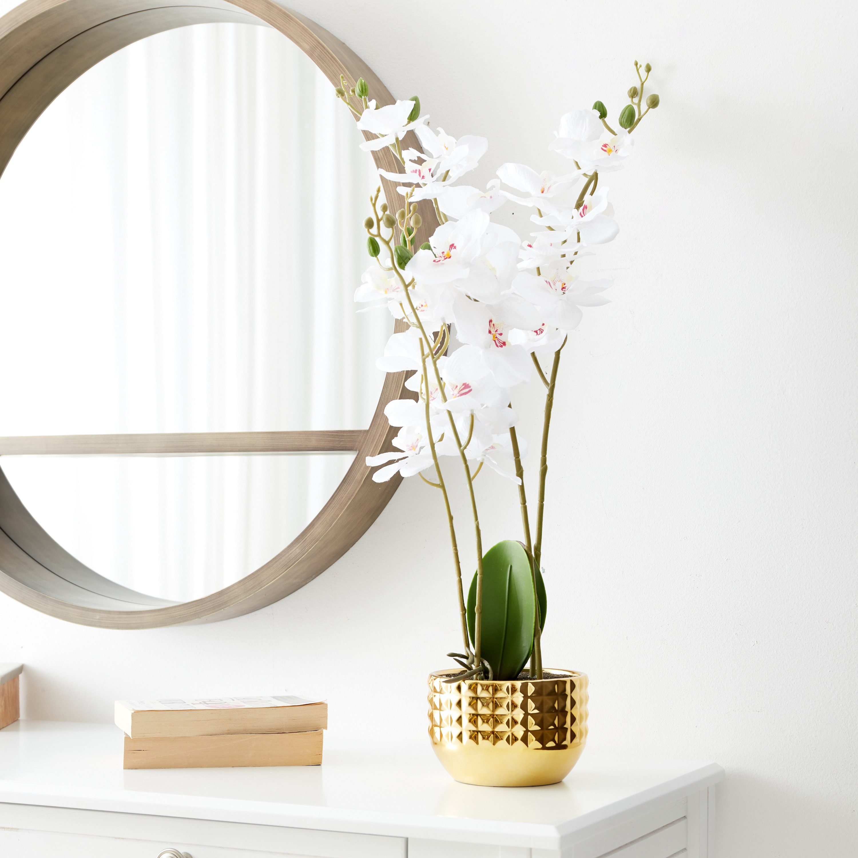 نبتة أوركيد مزدوجة كبيرة في إناء زرع مطلي من هالي - 16x16x78 سم-hbxdecorandfurnishings-homeaccessories-artificialflowersandplants-image-1