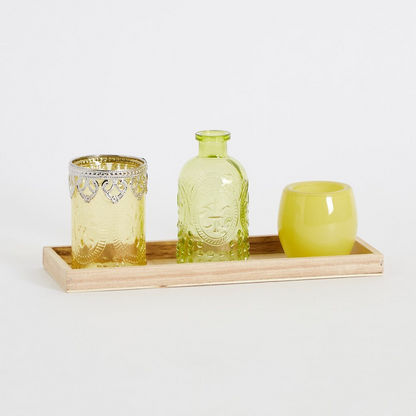 Isla 3-Piece Glass Candleholder and Vase Set with Wooden Plate - 30x11x2 cms