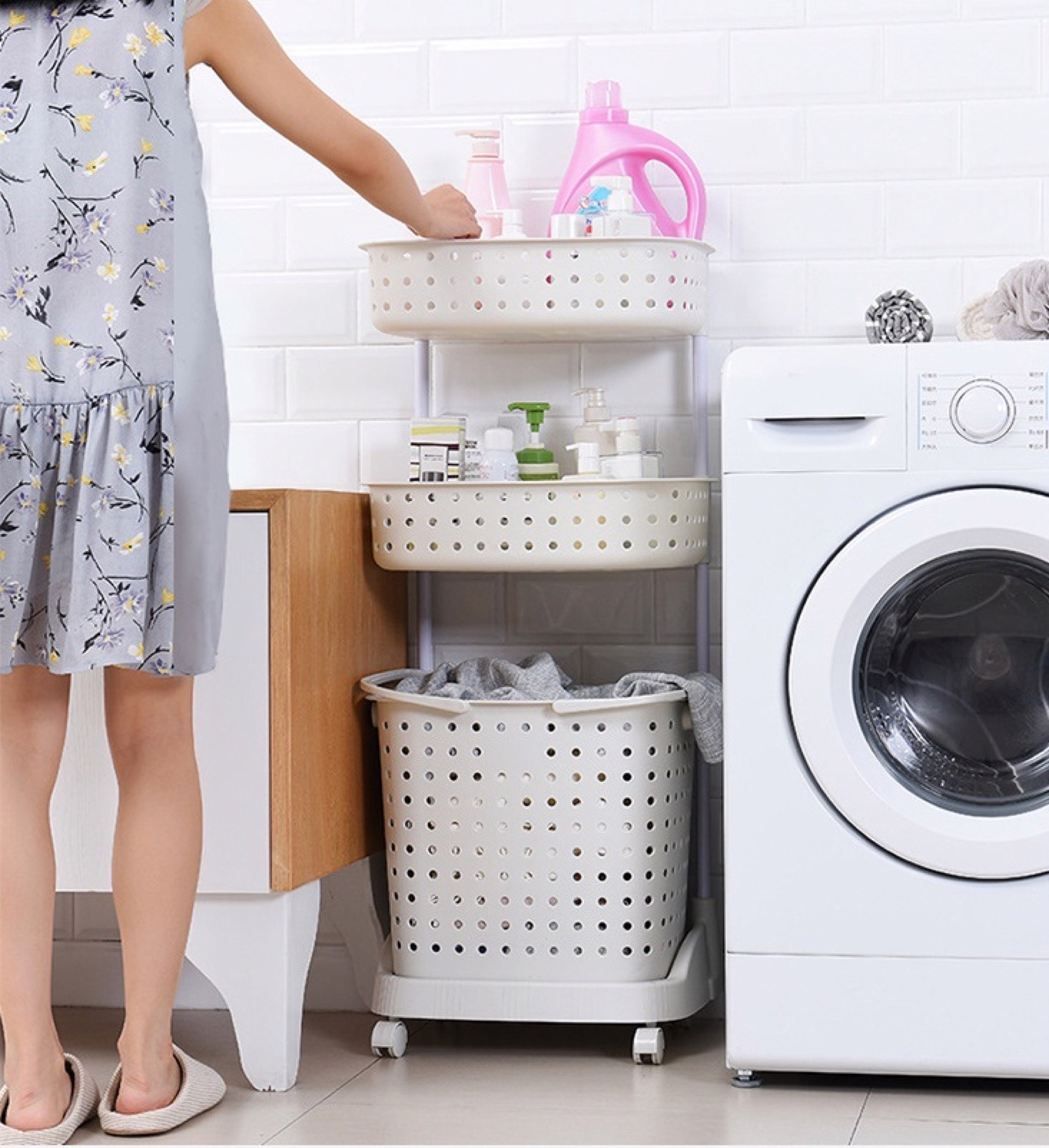 سلة غسيل ترولي بـ3 طوابق بعجلات من نيو - 44x32.5x103 سم-hbxbathroom-bathroomstorage-laundryhampers-image-5