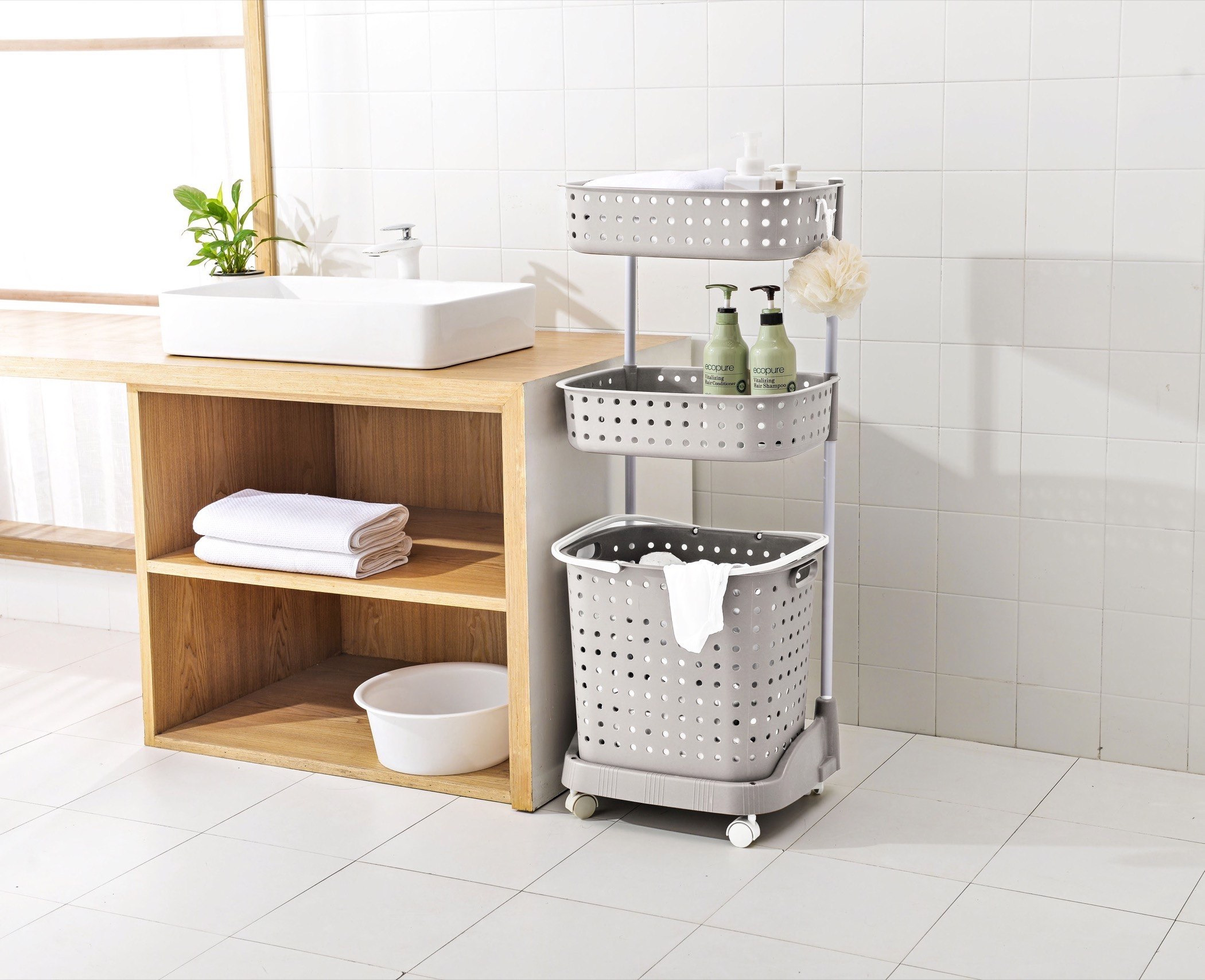 Neo 3-Tier Laundry Basket Trolley with Wheels - 44x32.5x103 cm-hbxbathroom-bathroomstorage-laundryhampers-image-1