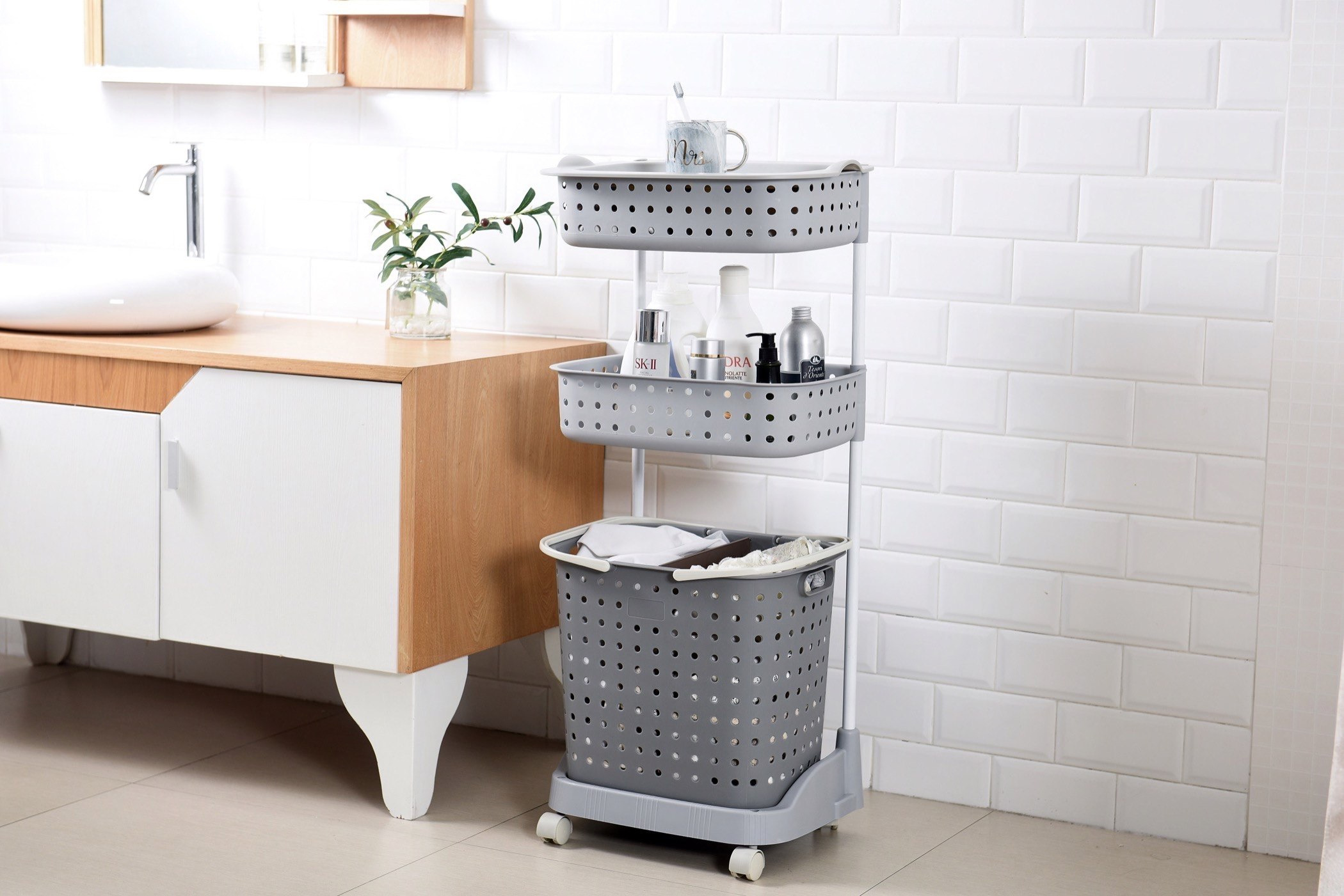Neo 3-Tier Laundry Basket Trolley with Wheels - 44x32.5x103 cm-hbxbathroom-bathroomstorage-laundryhampers-image-4