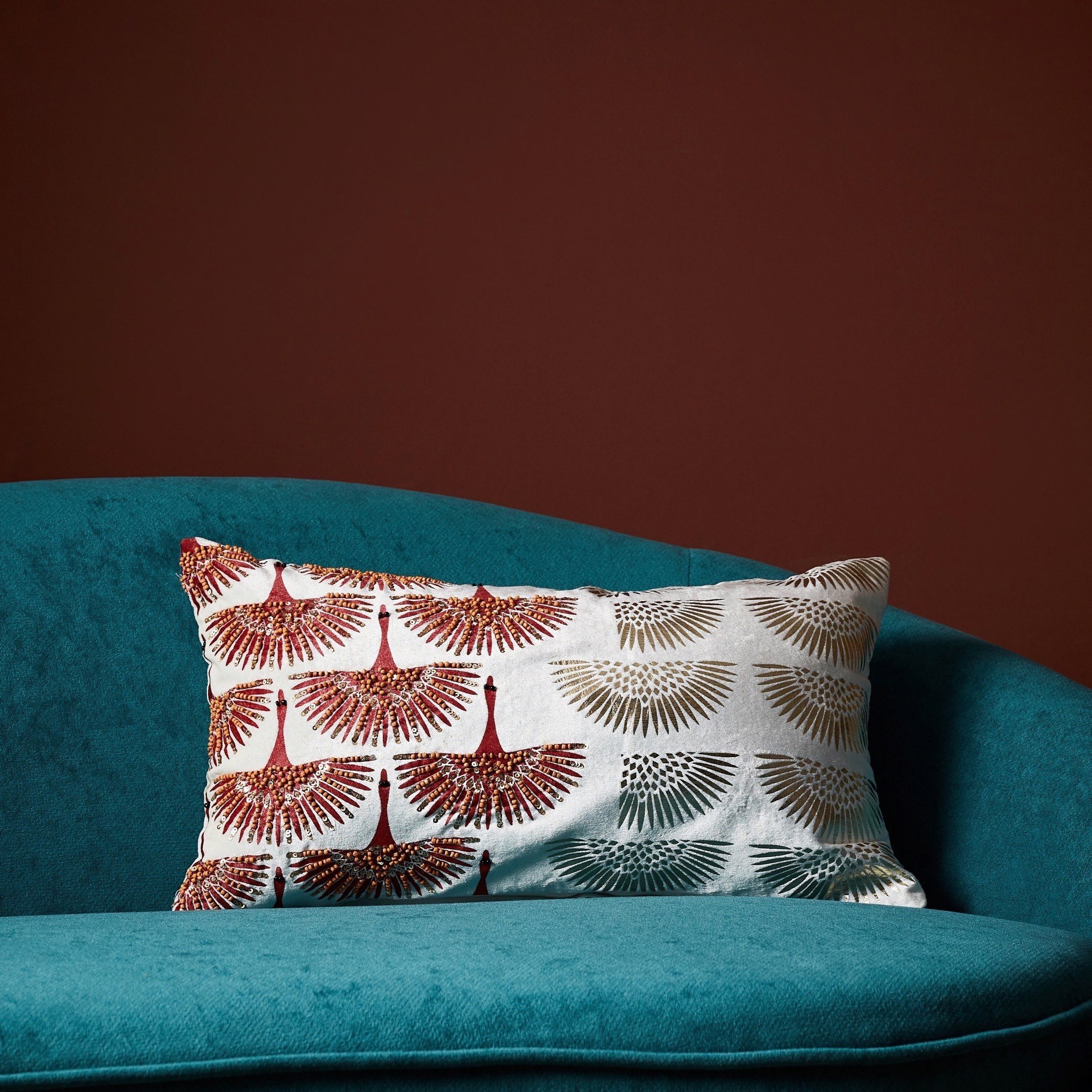 Arabesque Crane Beaded Velvet Filled Cushion - 30x50 cm-hbxdecorandfurnishings-homefurnishings-cushionsandcovers-filledcushions-image-1