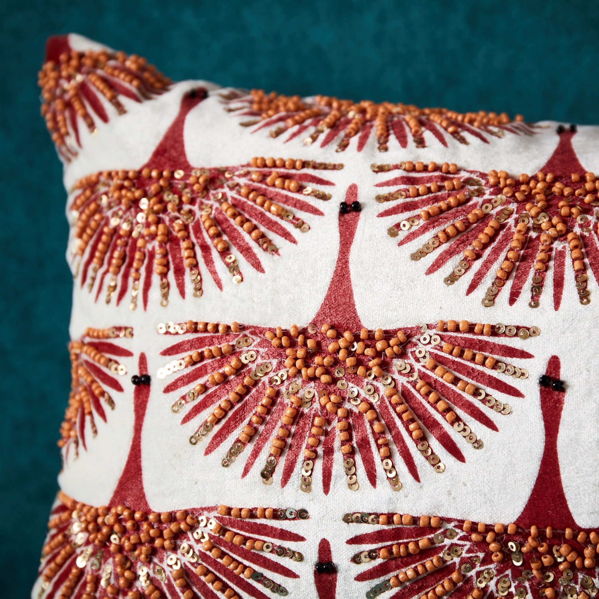 Arabesque Crane Beaded Velvet Filled Cushion - 30x50 cm-hbxdecorandfurnishings-homefurnishings-cushionsandcovers-filledcushions-image-2