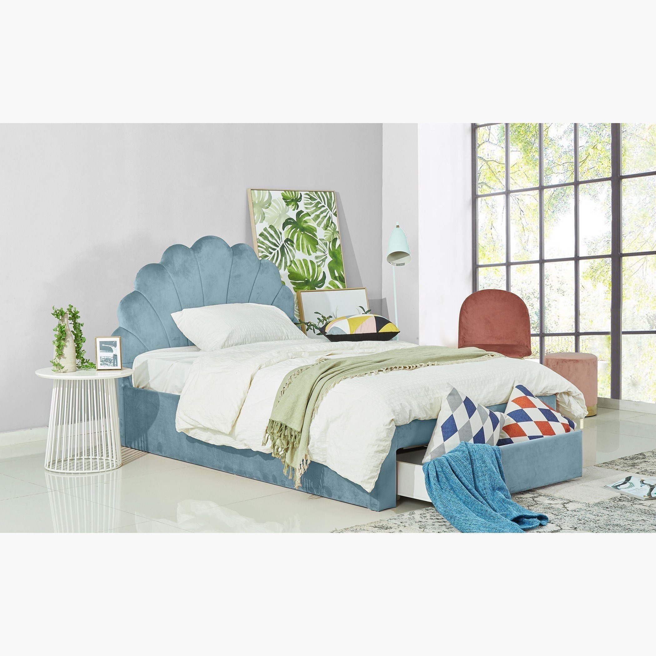 Halmstad Seashell Single Upholstered Bed with Drawer - 90x200 cm-hbxkidsandyouth-bedsandbedsets-beds-single-image-1