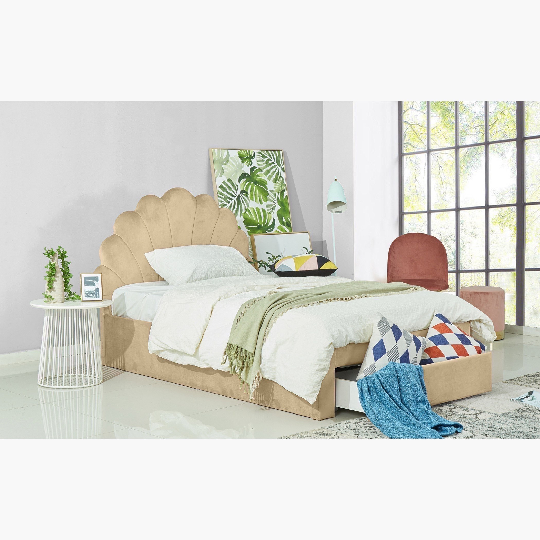 سرير مزدوج منجّد بتصميم صدفة ودرج من هالمستاد - 120x200 سم-hbxfurniture-kidsroom-kidsroomsets-twin-image-1