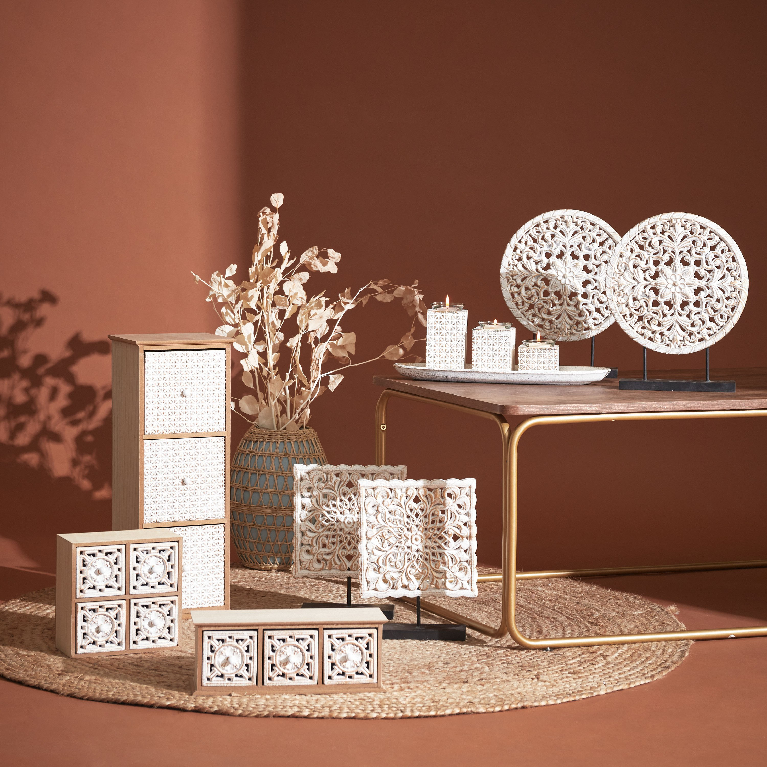 حامل شموع خشب أم دي أف بتصميم سلّة منسوجة من زيلا - 39x14x13 سم-hbxbedroom-homefragrance-candleholders-image-6