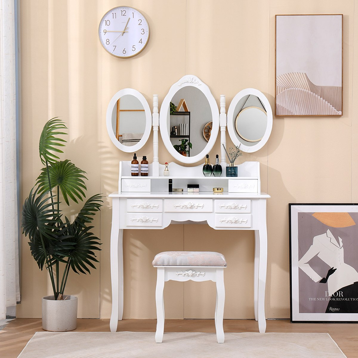 Princess Dana 7-Drawer Dresser with 3 Mirrors and Stool-hbxfurniture-kidsroom-kidsdressersandmirrors-image-1