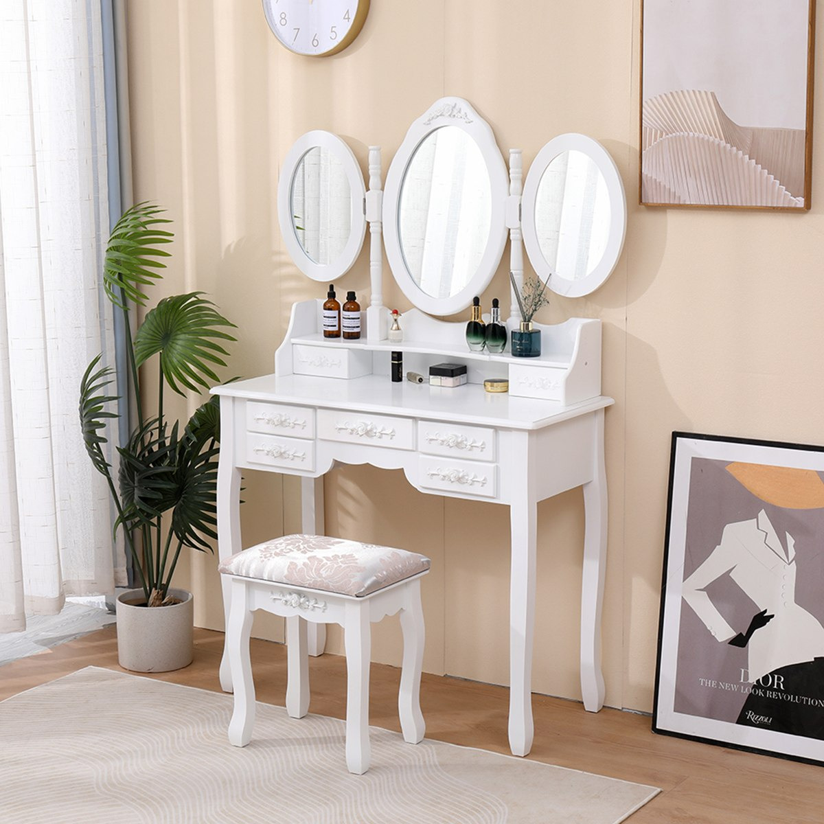 Princess Dana 7-Drawer Dresser with 3 Mirrors and Stool-hbxfurniture-kidsroom-kidsdressersandmirrors-image-2