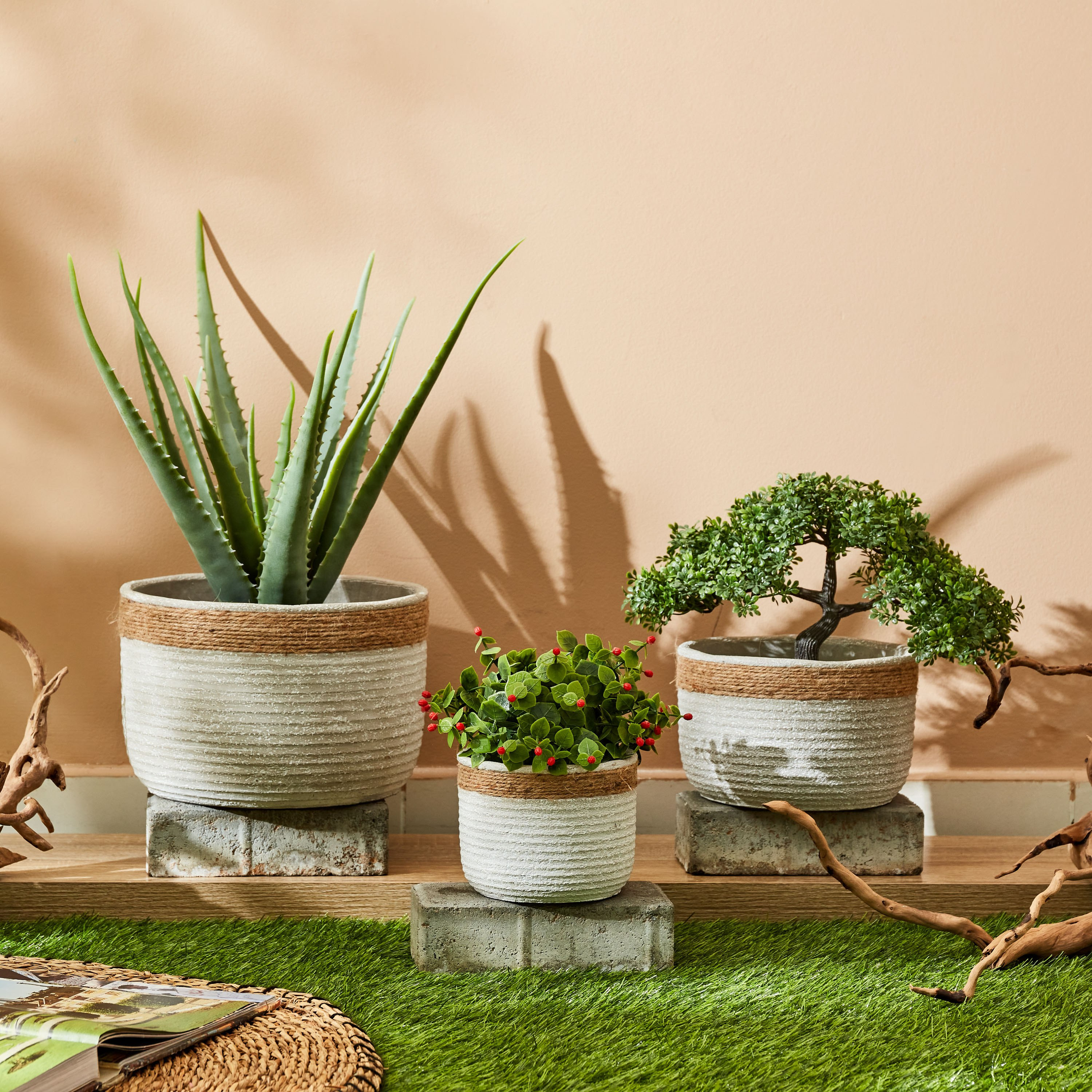 Olive Cement Garden Pot with Rope - 20x20x13 cm-hbxdecorandfurnishings-homeaccessories-artificialflowersandplants-image-4