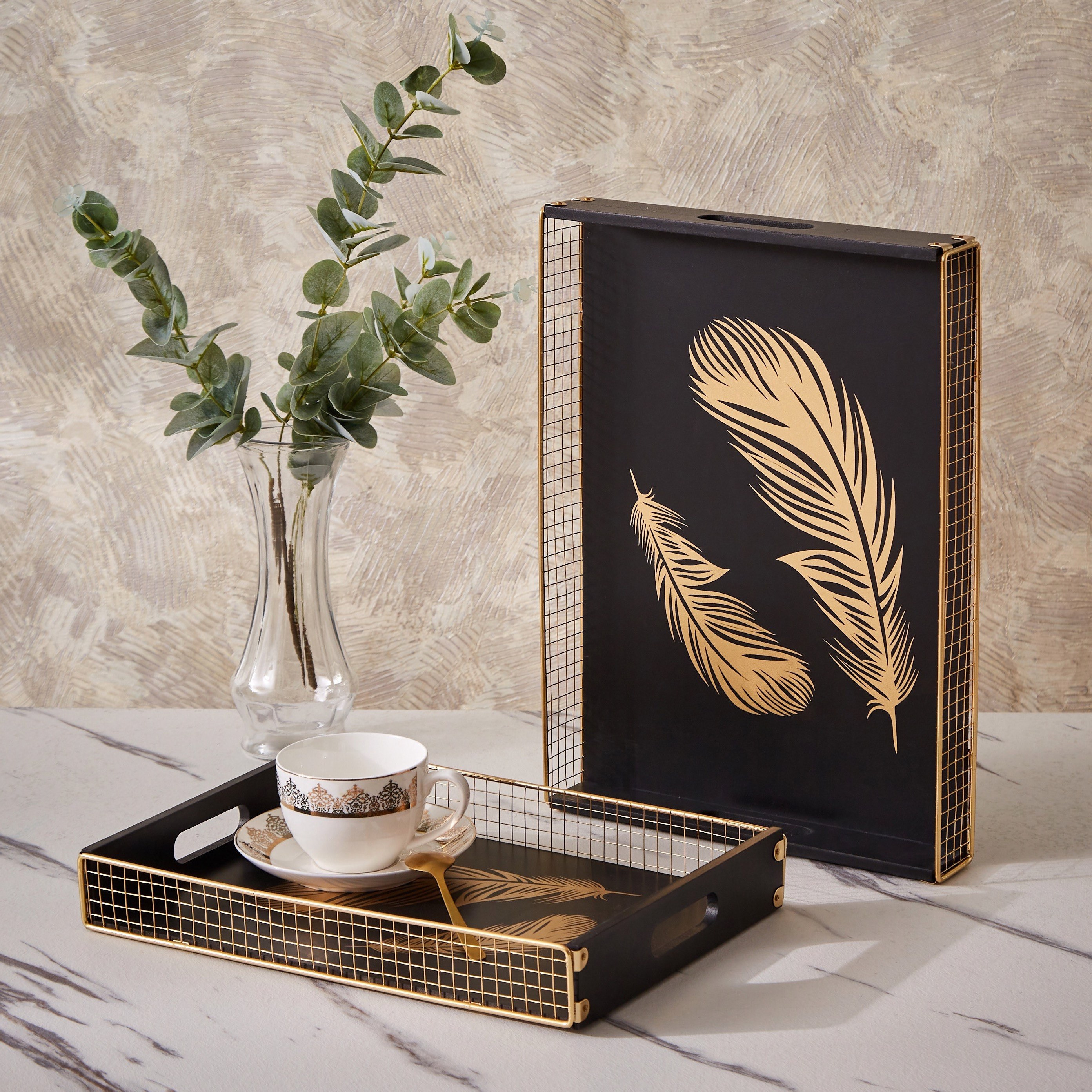 طقم صواني تقديم قطعتين بطبعات أوراق شجر من لوكس نيو-hbxdecorandfurnishings-tabletop-serveware-image-1