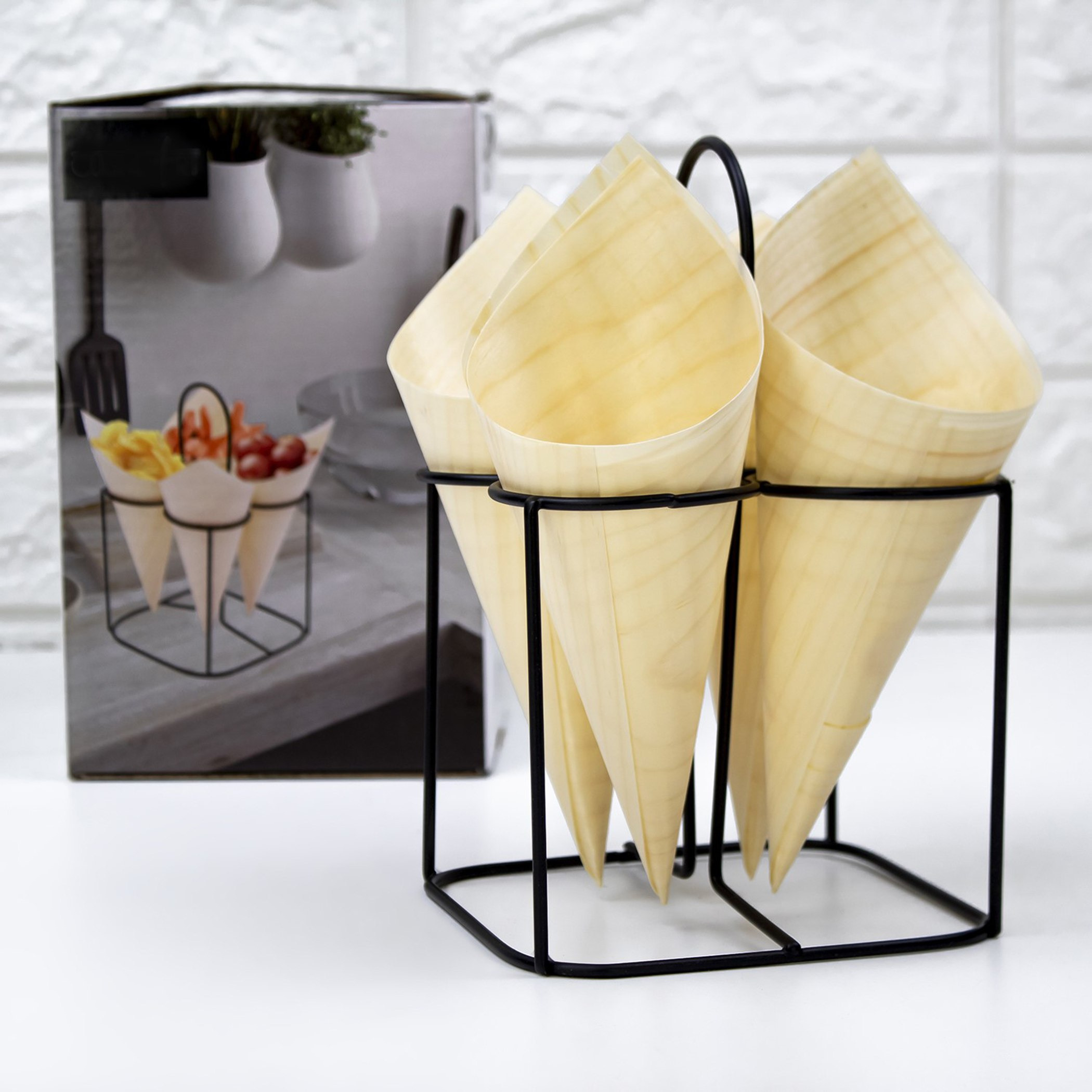 أداة تقديم خشبية بشكل مخروط 5 قطع مع حامل معدني من فيست-hbxdecorandfurnishings-tabletop-serveware-image-1