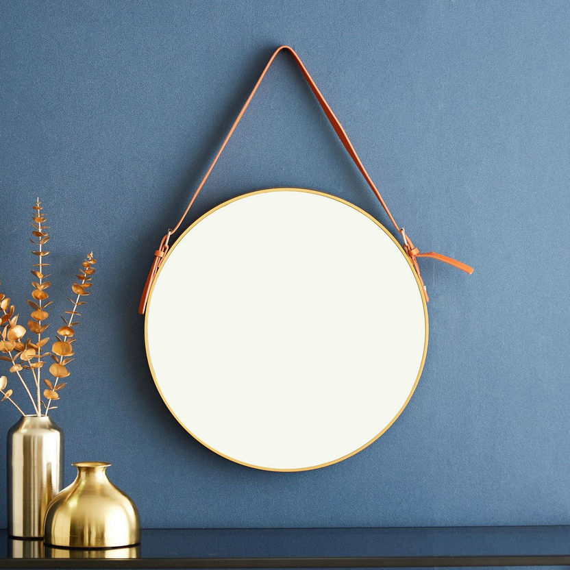 Mirage Trendy Hanging Round Mirror with Leather Strap - 51x51x3.5 cm-Mirrors-image-0