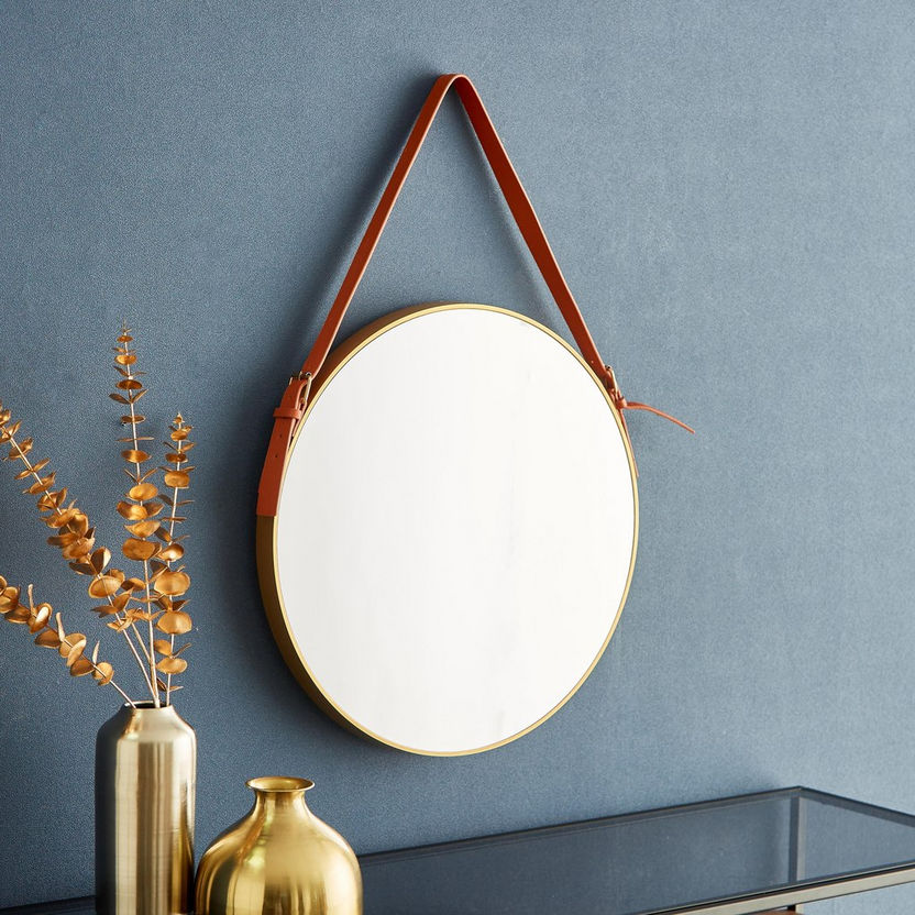 Mirage Trendy Hanging Round Mirror with Leather Strap - 51x51x3.5 cm-Mirrors-image-1