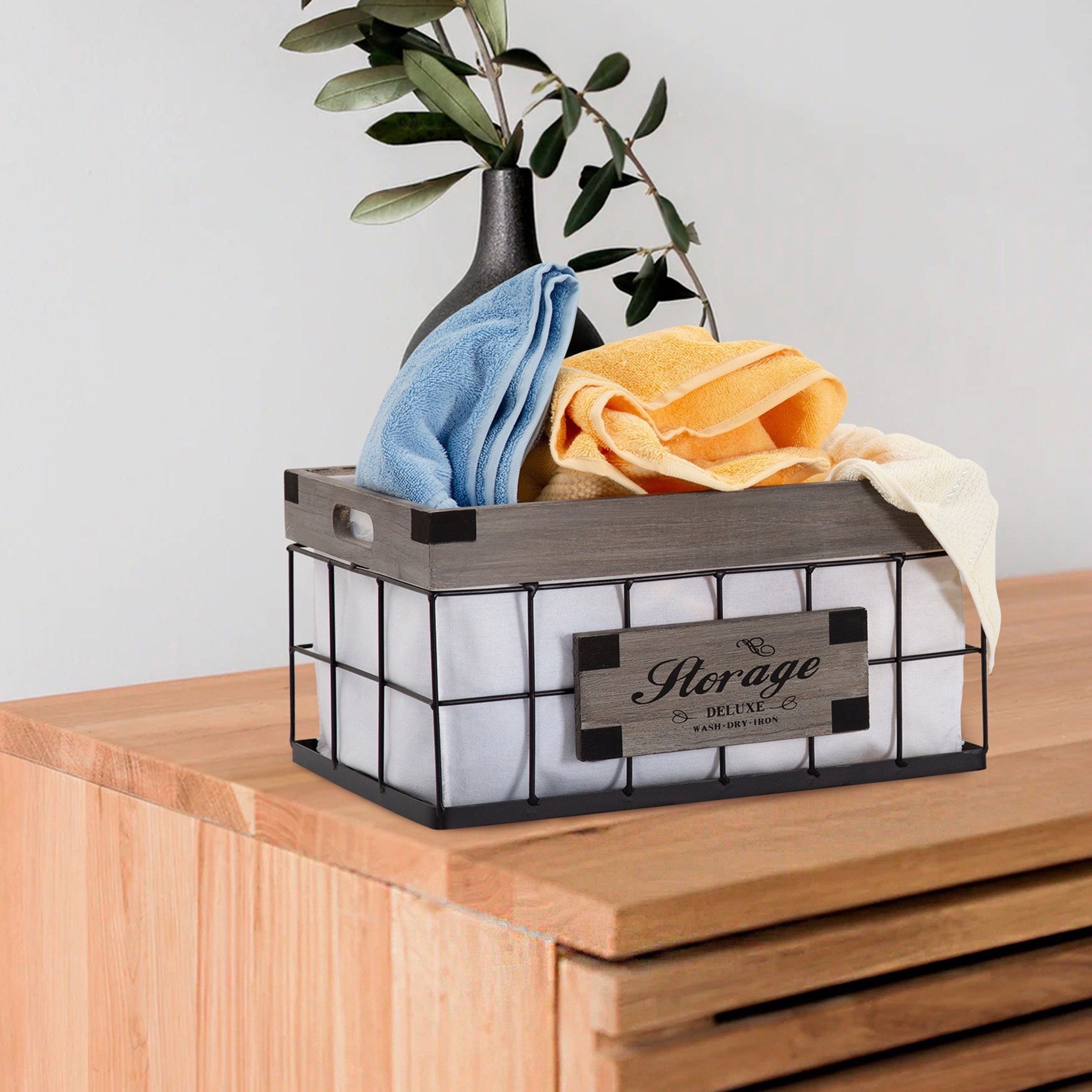 Wood Wire Towel Basket 36x26x49 cm