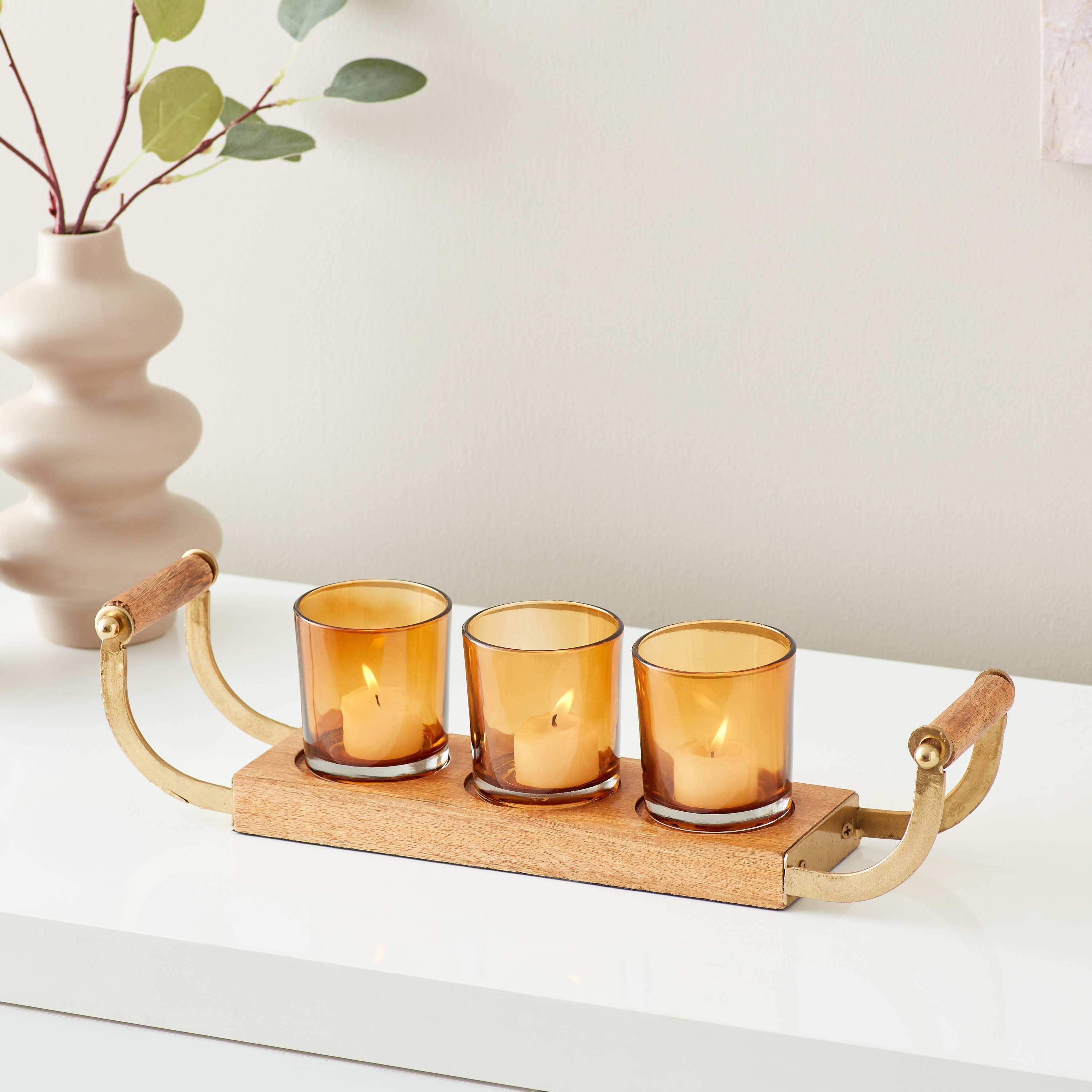 حامل شموع خشبي مع 3 أكواب من آيس - 44x11x9.5 سم-hbxlivingroom-decorandaccessories-candleholders-image-1
