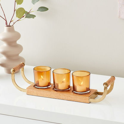 Ace Wooden Candleholder with 3 Glasses - 44x11x9.5 cms