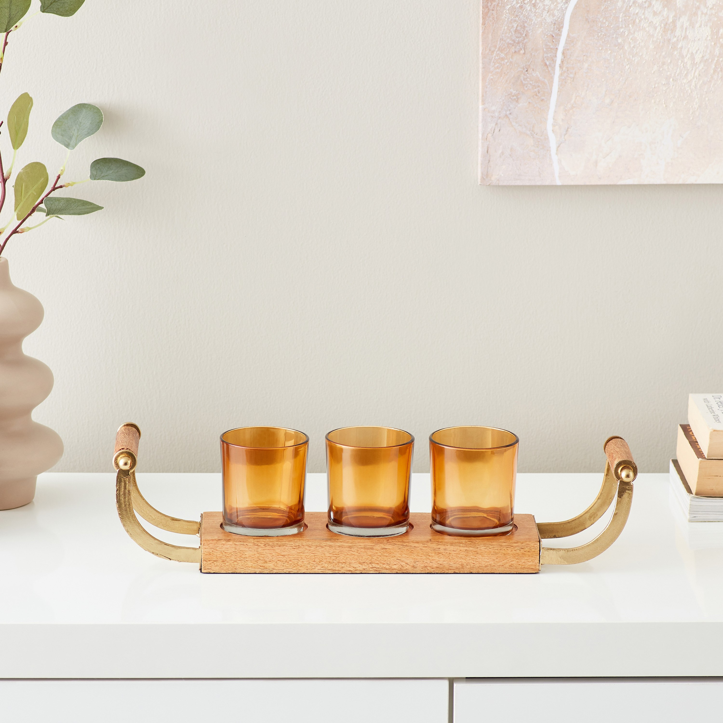 حامل شموع خشبي مع 3 أكواب من آيس - 44x11x9.5 سم-hbxlivingroom-decorandaccessories-candleholders-image-2
