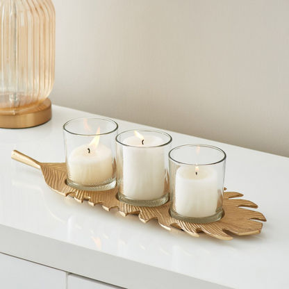 Ace Leaf Shaped Tray with 3 Candleholders - 46x18x3 cms