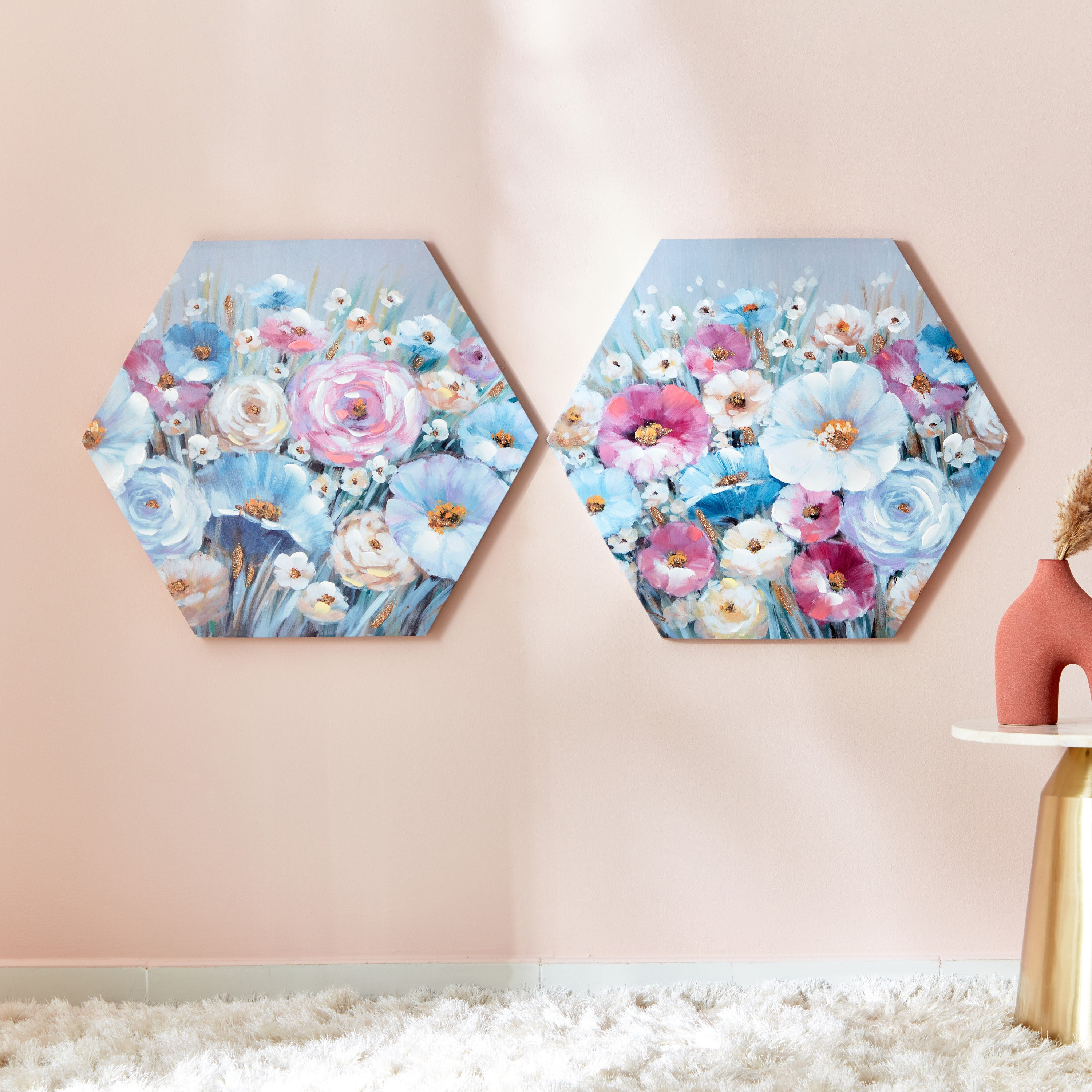 Aaron 2-Piece Floral Handpainted Hexagonal Canvas Wall Art Set - 70x2.5x61 cm-hbxhomeware-hbxdecorandfurnishings-image-1