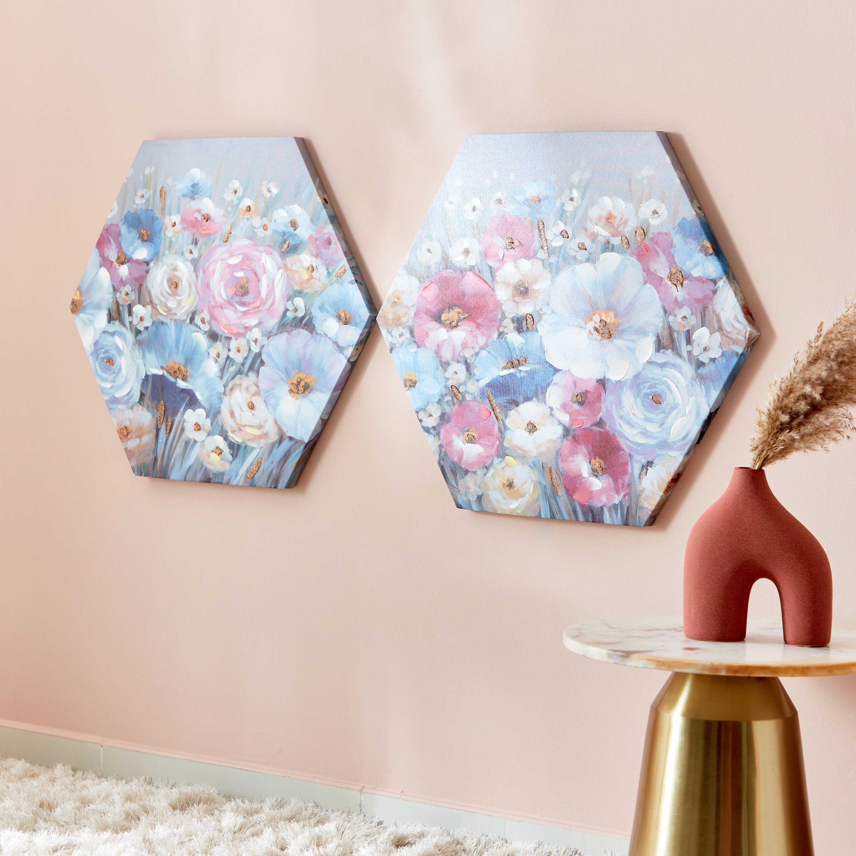 Aaron 2-Piece Floral Handpainted Hexagonal Canvas Wall Art Set - 70x2.5x61 cm-hbxhomeware-hbxdecorandfurnishings-image-2