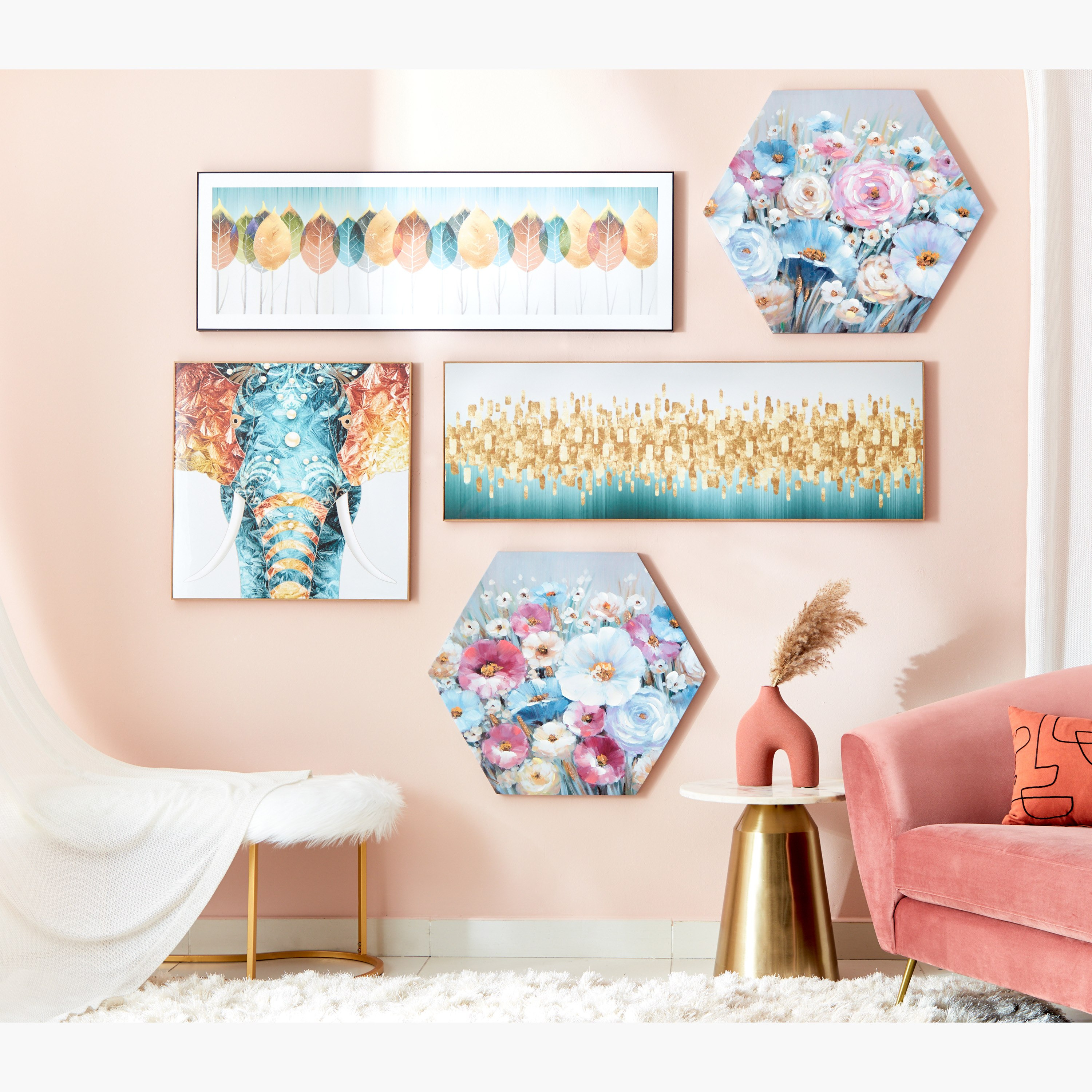 Aaron 2-Piece Floral Handpainted Hexagonal Canvas Wall Art Set - 70x2.5x61 cm-hbxhomeware-hbxdecorandfurnishings-image-4