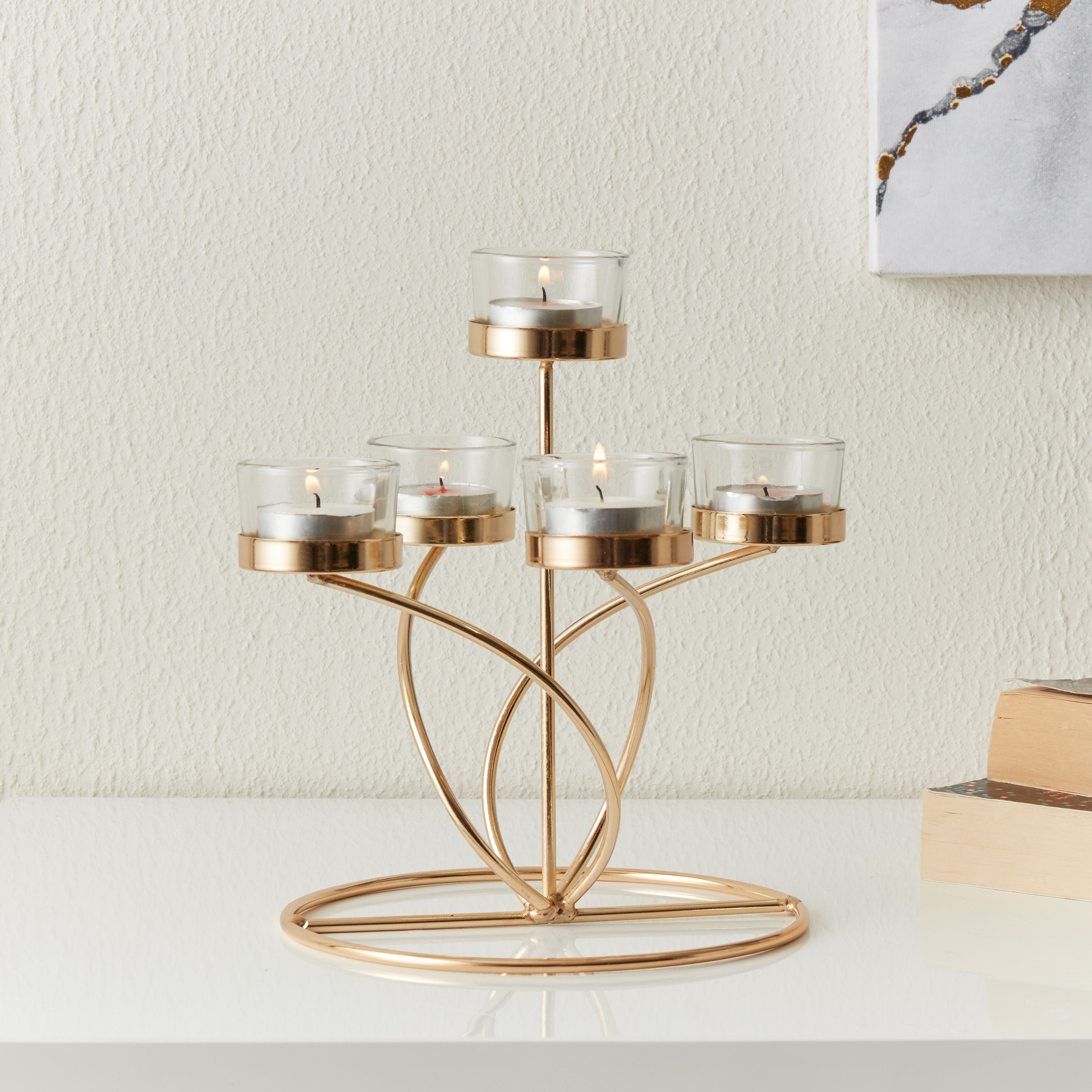 حامل شموع معدني مع 5 حاملات زجاجية شفافة من إيفا - 20×20×22 سم-hbxlivingroom-decorandaccessories-candleholders-image-1