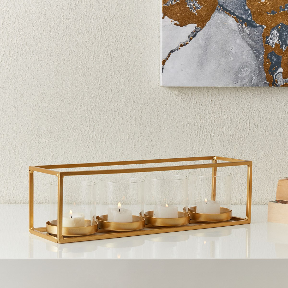 حامل شموع معدني بحاملات زجاجية شفافة من إيفا - 34×10×10 سم-hbxlivingroom-decorandaccessories-candleholders-image-1
