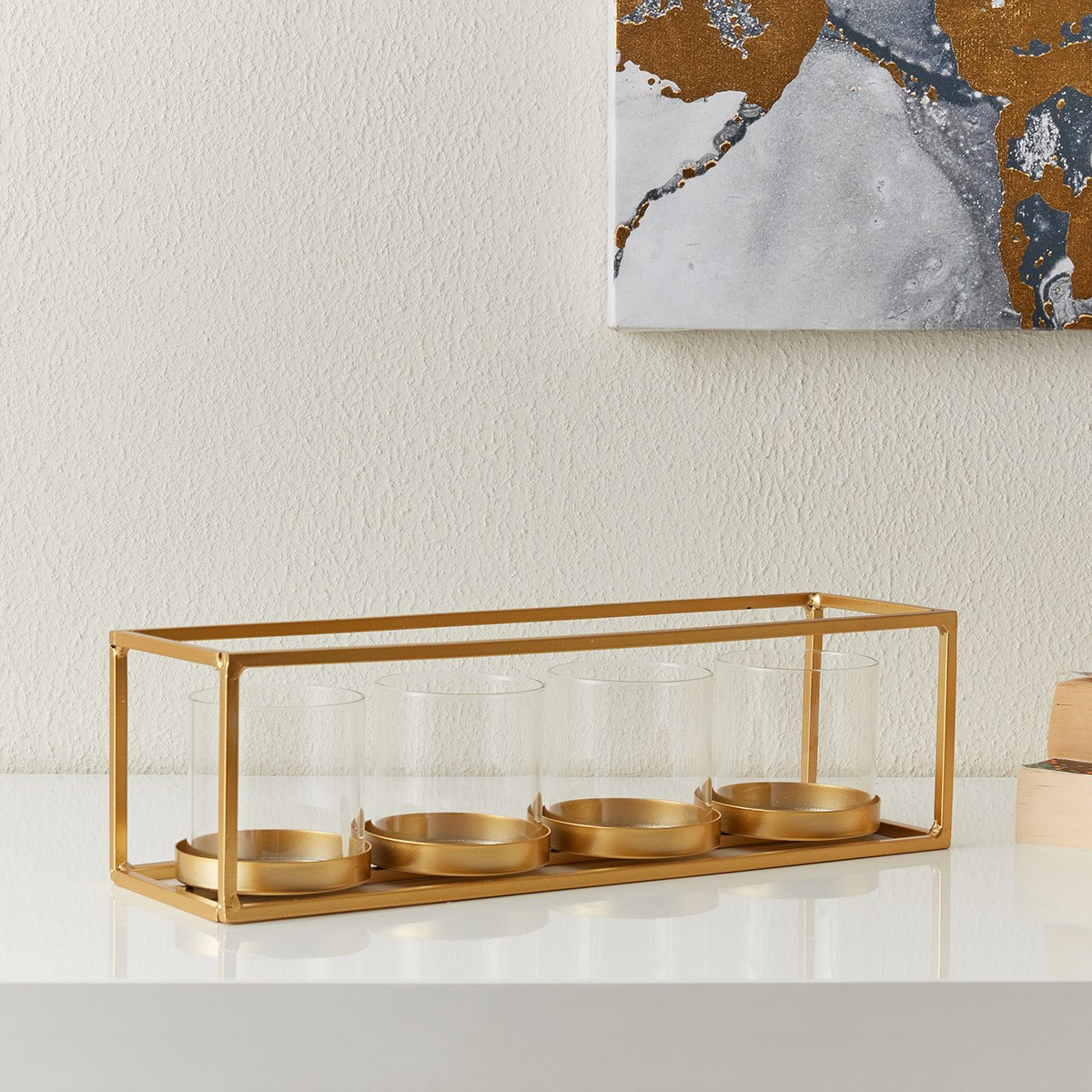 حامل شموع معدني بحاملات زجاجية شفافة من إيفا - 34×10×10 سم-hbxlivingroom-decorandaccessories-candleholders-image-2