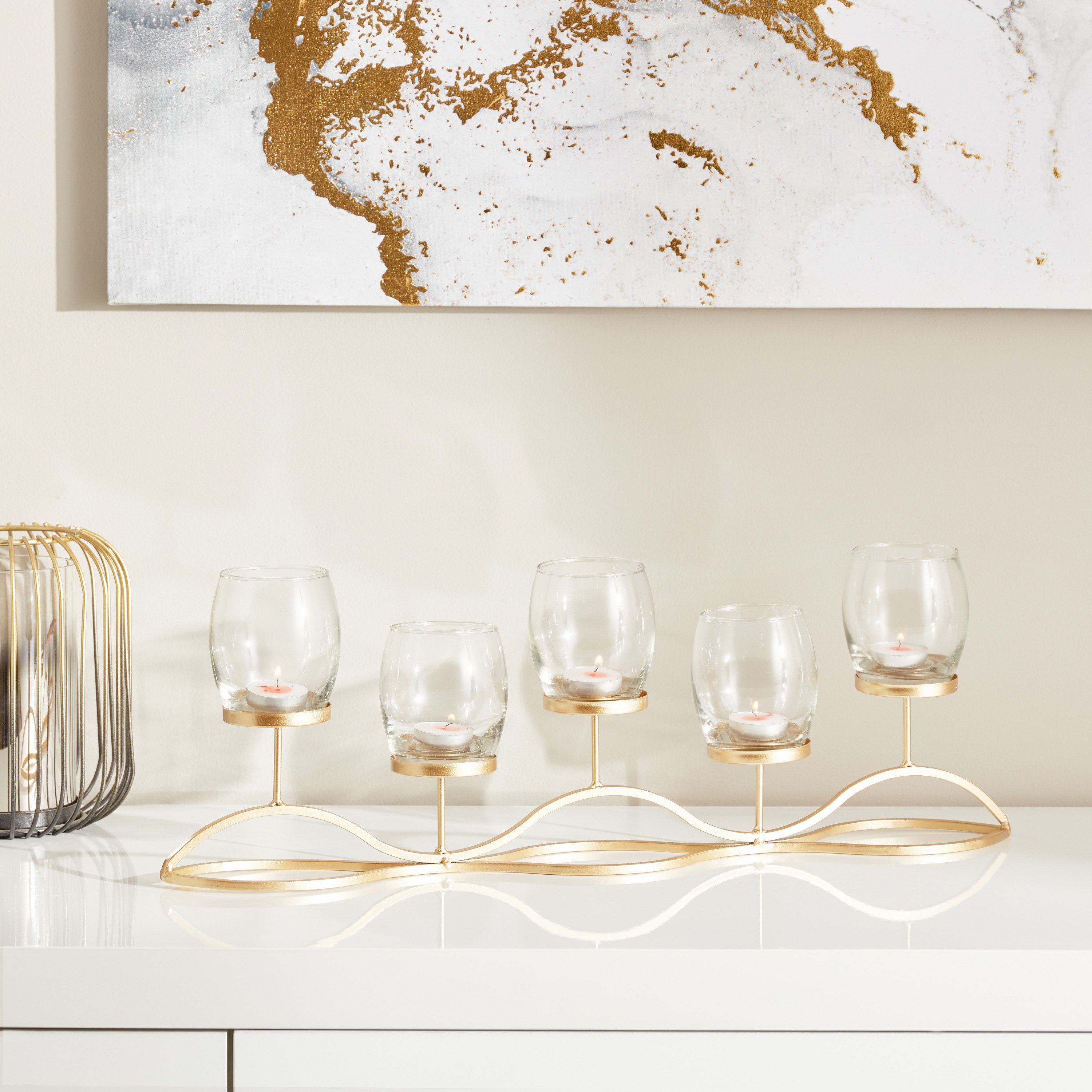 حامل شموع معدني مع 5 حاملات زجاجية شفافة من إيفا - 56.5x9x19 سم-hbxlivingroom-decorandaccessories-candleholders-image-1