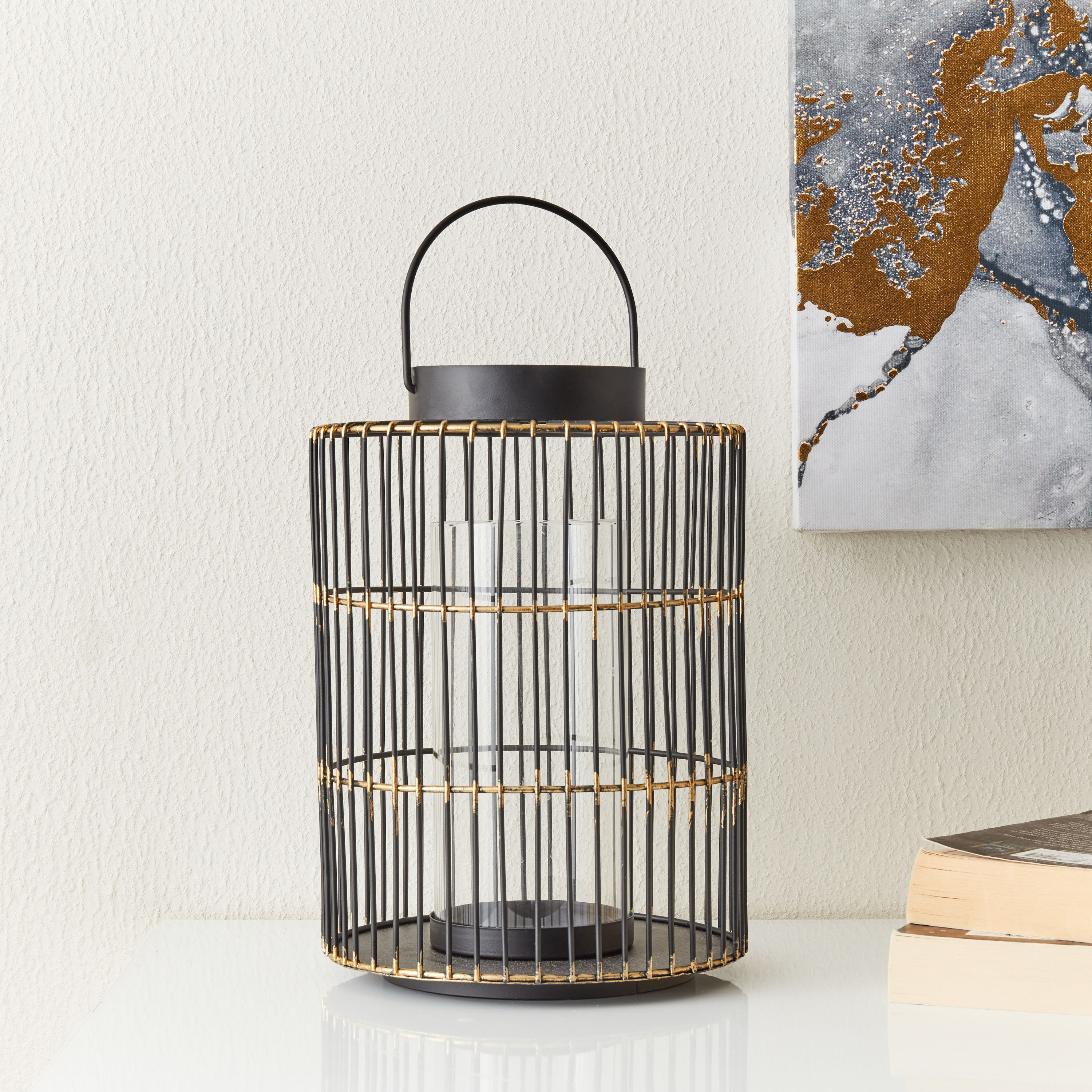 فانوس معدني مع أنبوب زجاجي من إيفا - 19x19x30 سم-hbxdecorandfurnishings-homeaccessories-lanterns-image-1