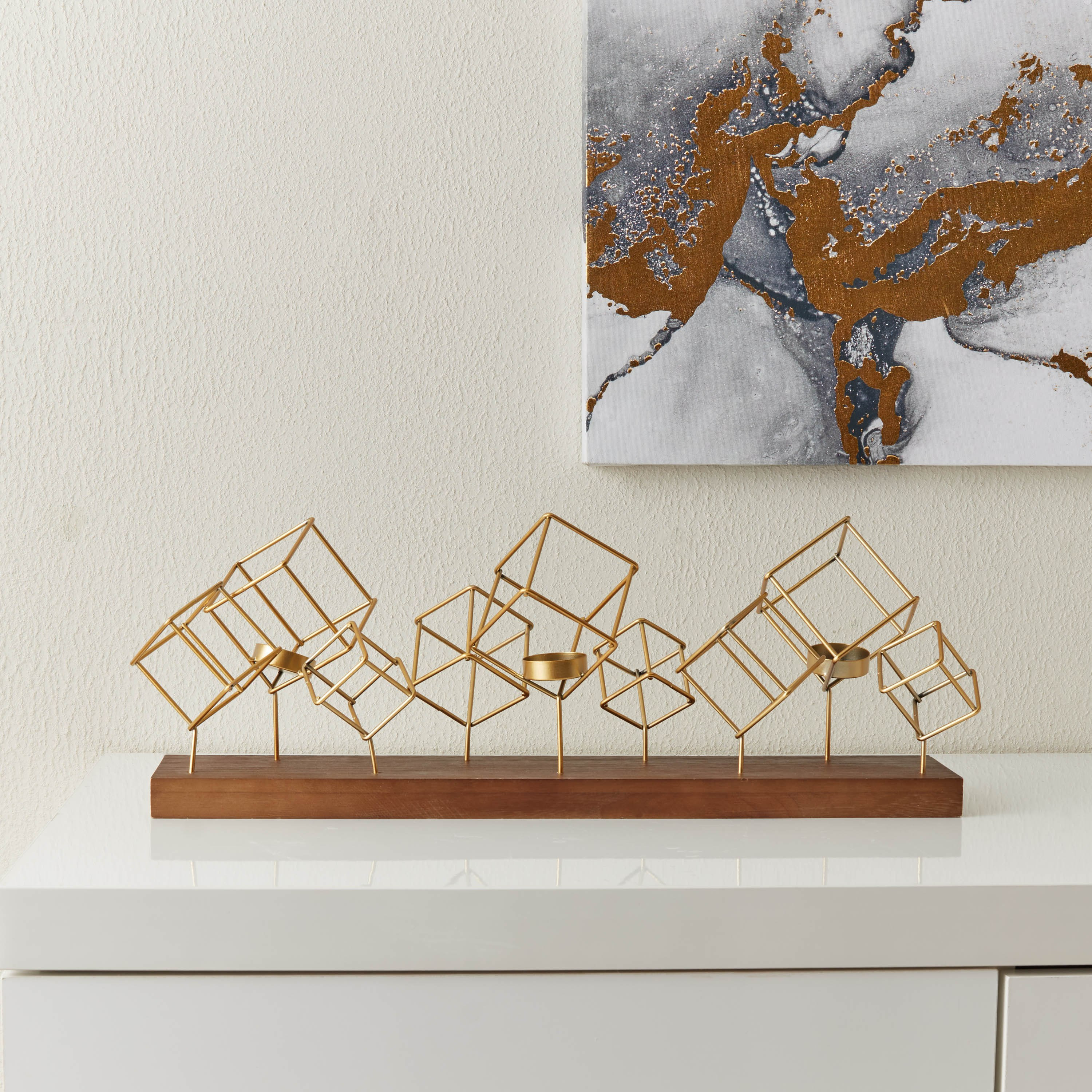 حامل شموع معدني بقاعدة خشبية من إيفا - 50x9x18 سم-hbxlivingroom-decorandaccessories-candleholders-image-2