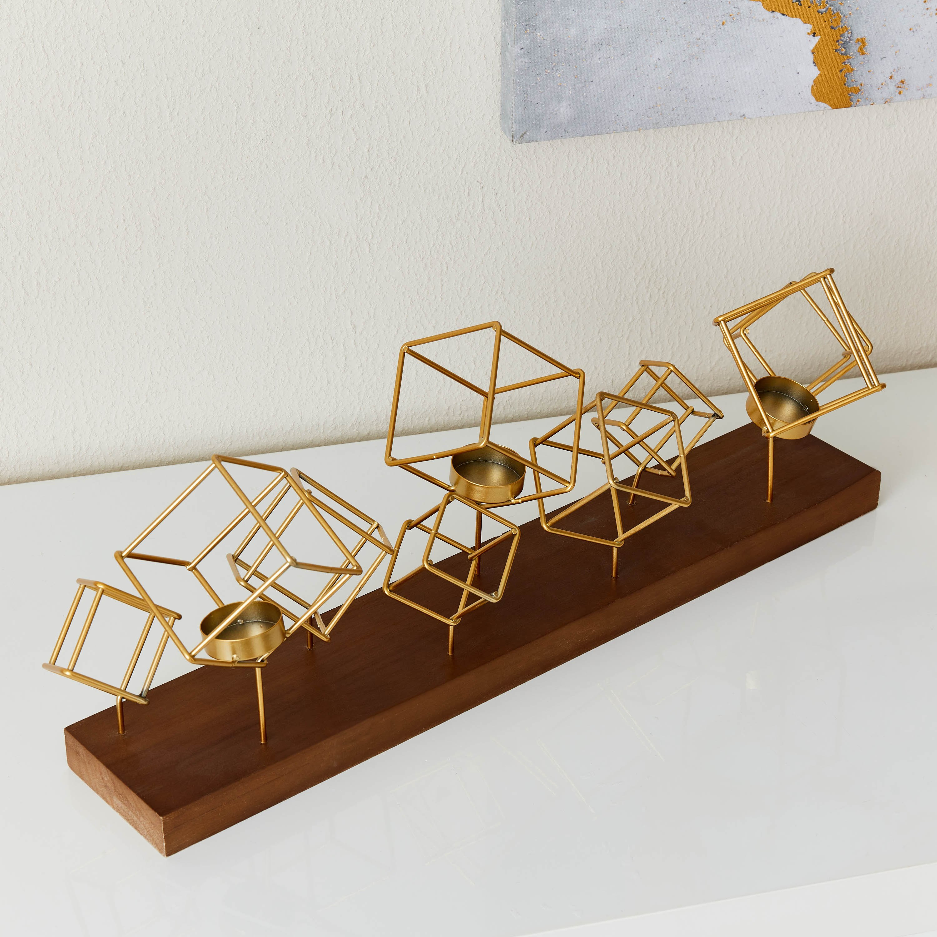حامل شموع معدني بقاعدة خشبية من إيفا - 50x9x18 سم-hbxlivingroom-decorandaccessories-candleholders-image-3
