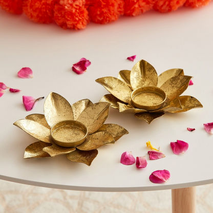 Kumudh 2-Piece Metal Gold Foiled Lotus Tealight Holder Set - 13x13x3 cms