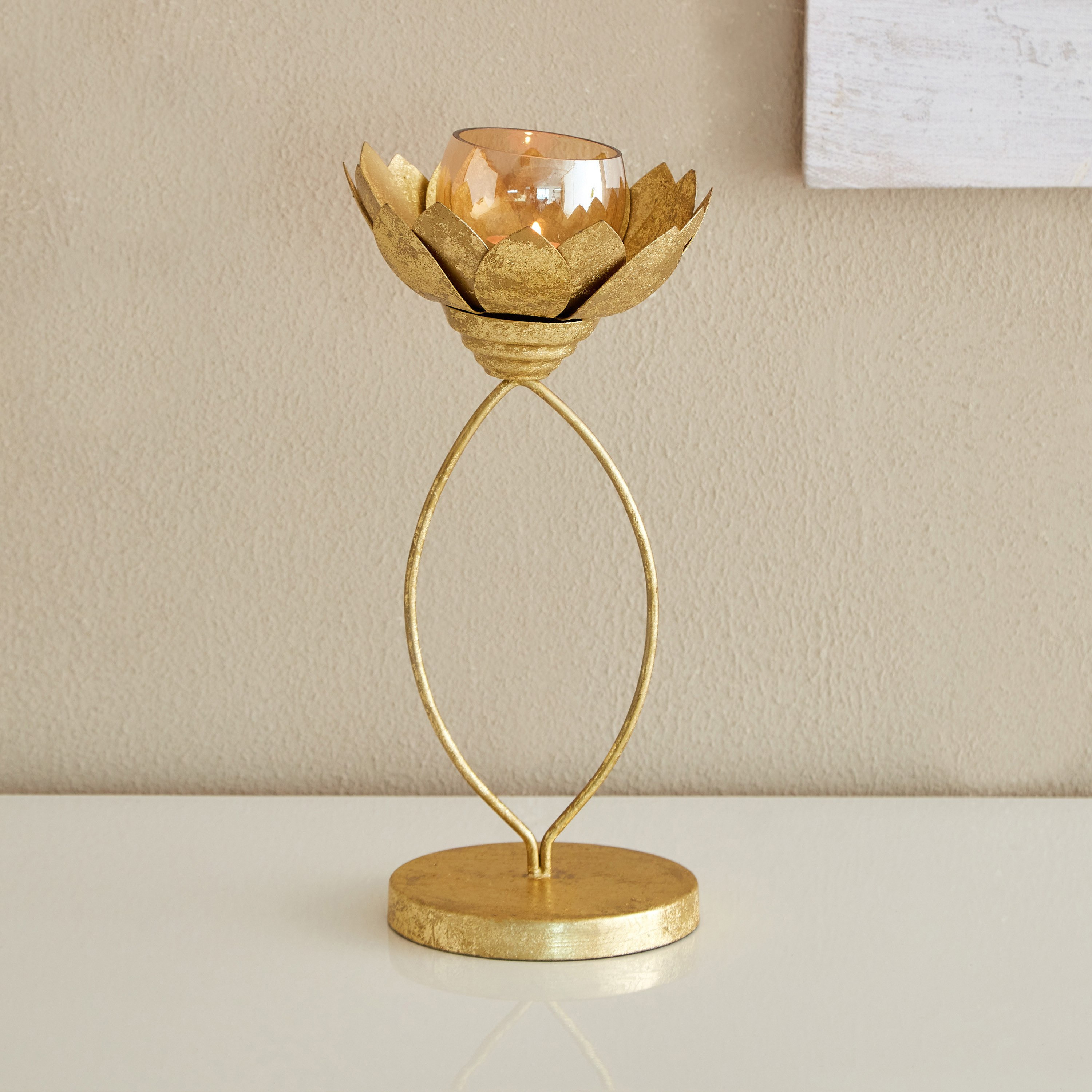Kumudh Metal Lotus Pedestal Tealight Holder with Glass Votive - 16x16x33 cm-hbxlivingroom-decorandaccessories-candleholders-image-1