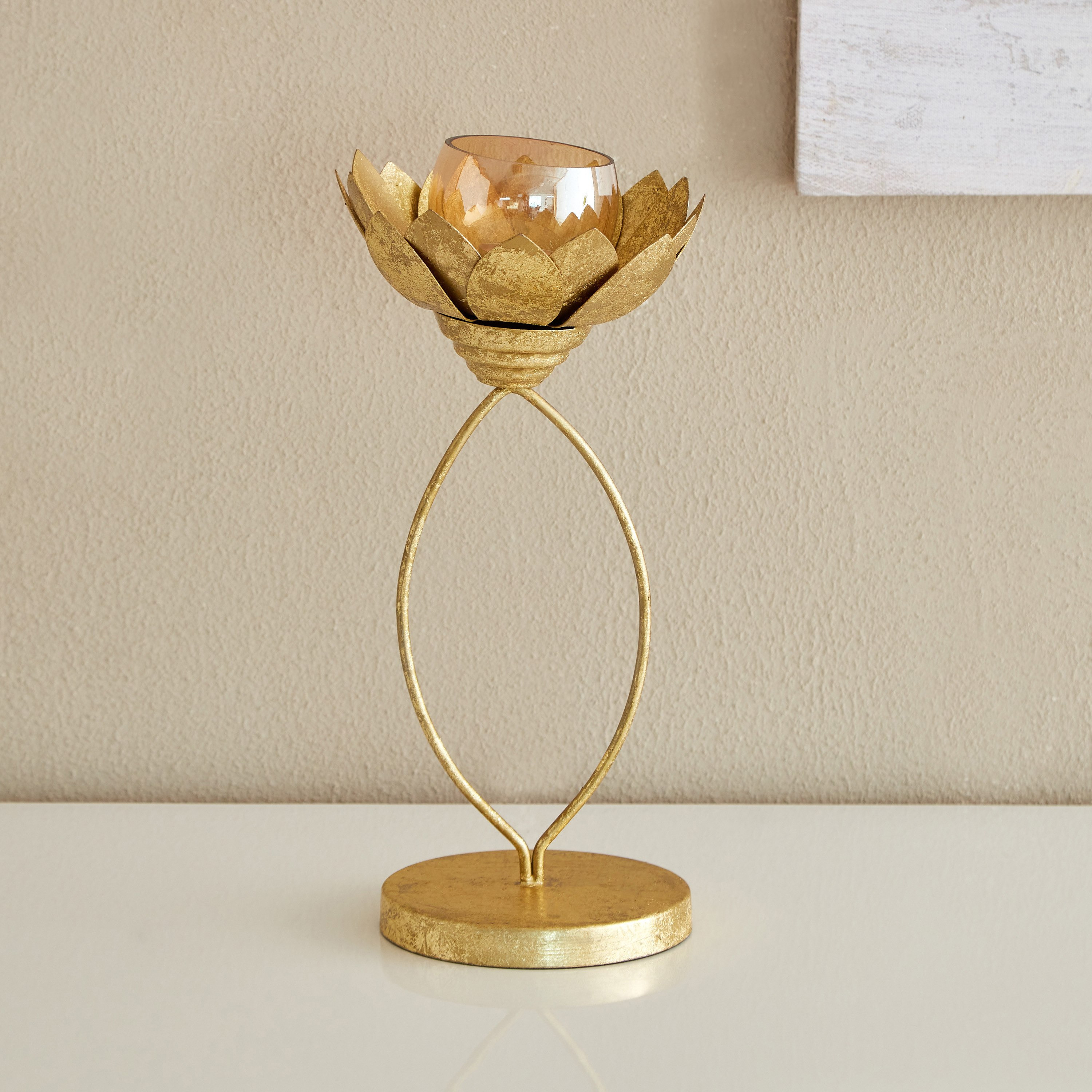 Kumudh Metal Lotus Pedestal Tealight Holder with Glass Votive - 16x16x33 cm-hbxlivingroom-decorandaccessories-candleholders-image-2