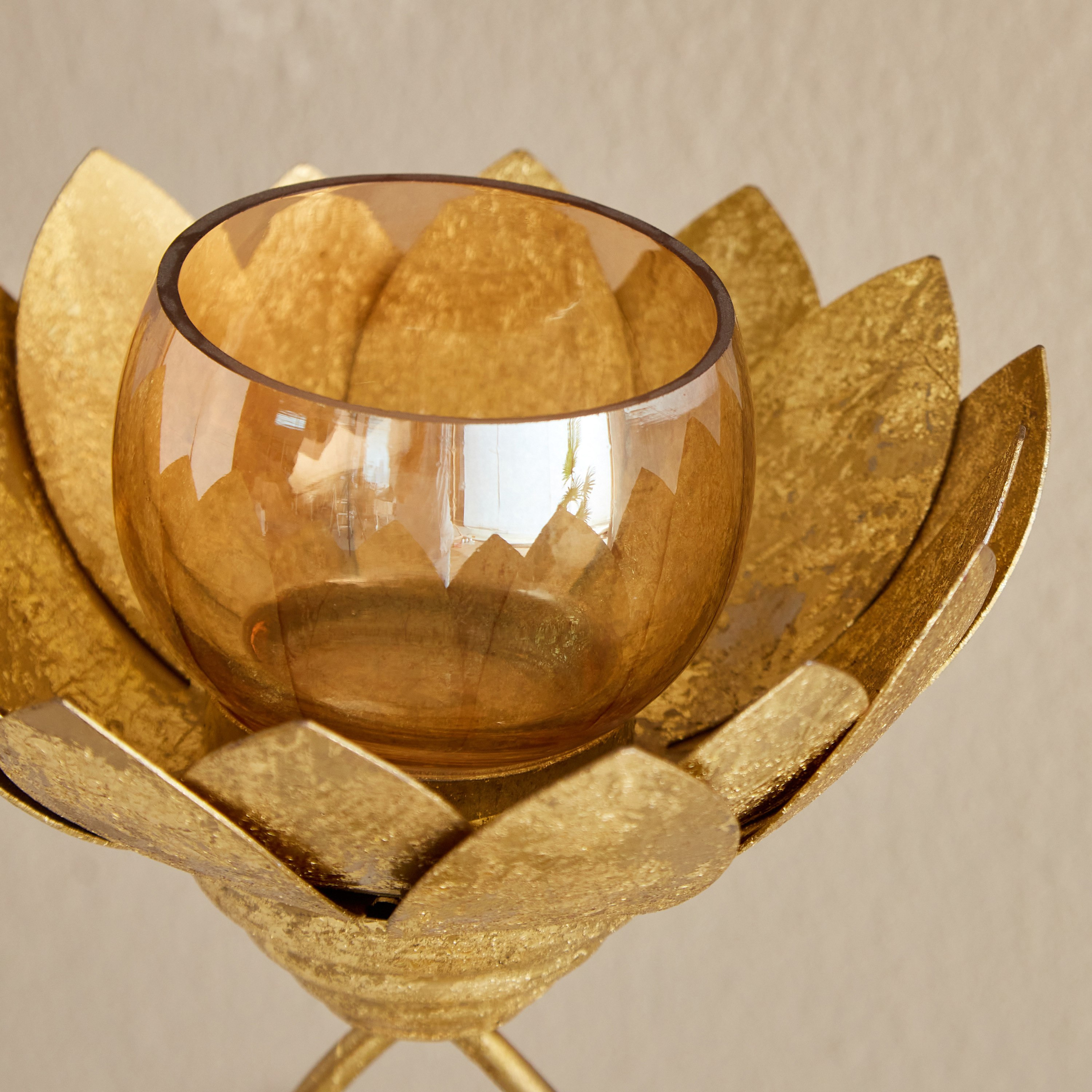 Kumudh Metal Lotus Pedestal Tealight Holder with Glass Votive - 16x16x33 cm-hbxlivingroom-decorandaccessories-candleholders-image-3