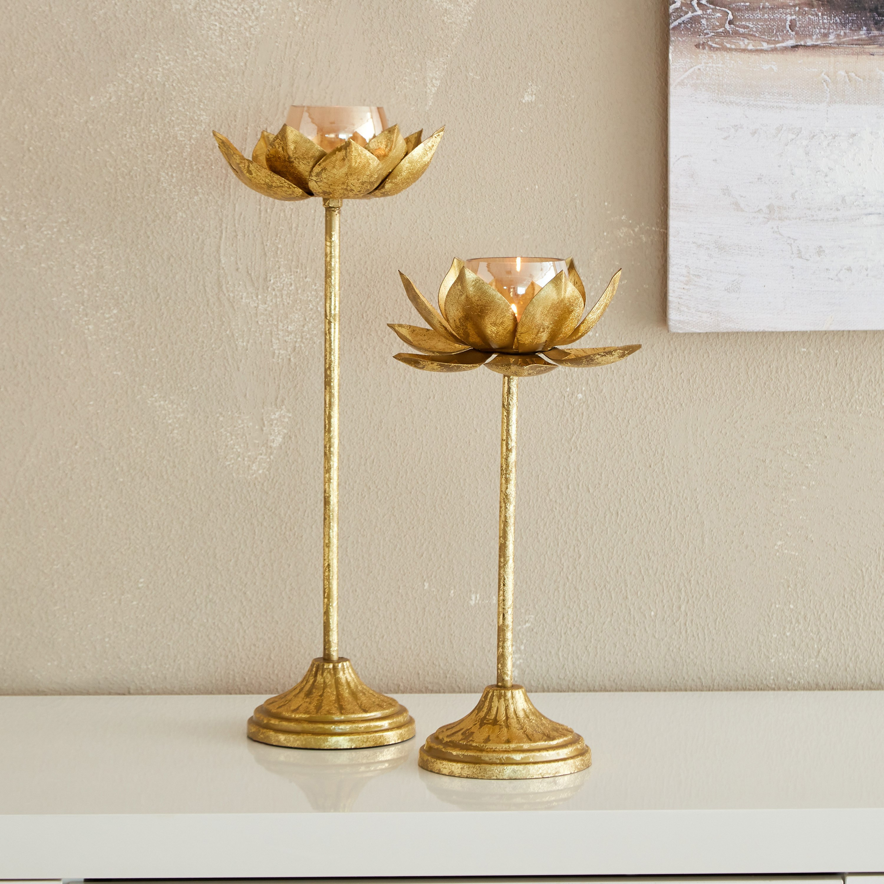 طقم حامل شموع صغيرة بيديستال معدني بتصميم زهرة اللوتس قطعتين من كومود-hbxlivingroom-decorandaccessories-candleholders-image-1
