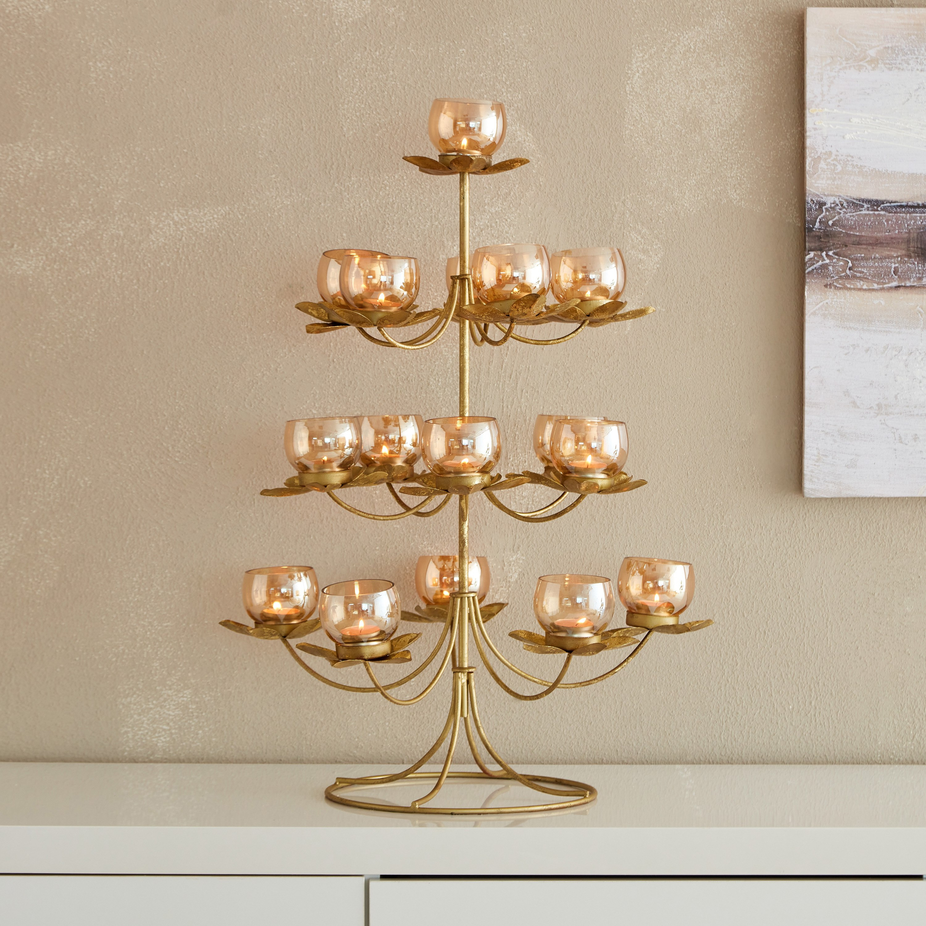 حامل شموع صغيرة معدن متعدد الطوابق بتصميم زهرة اللوتس من كومود - 48x48x64 سم-hbxlivingroom-decorandaccessories-candleholders-image-1