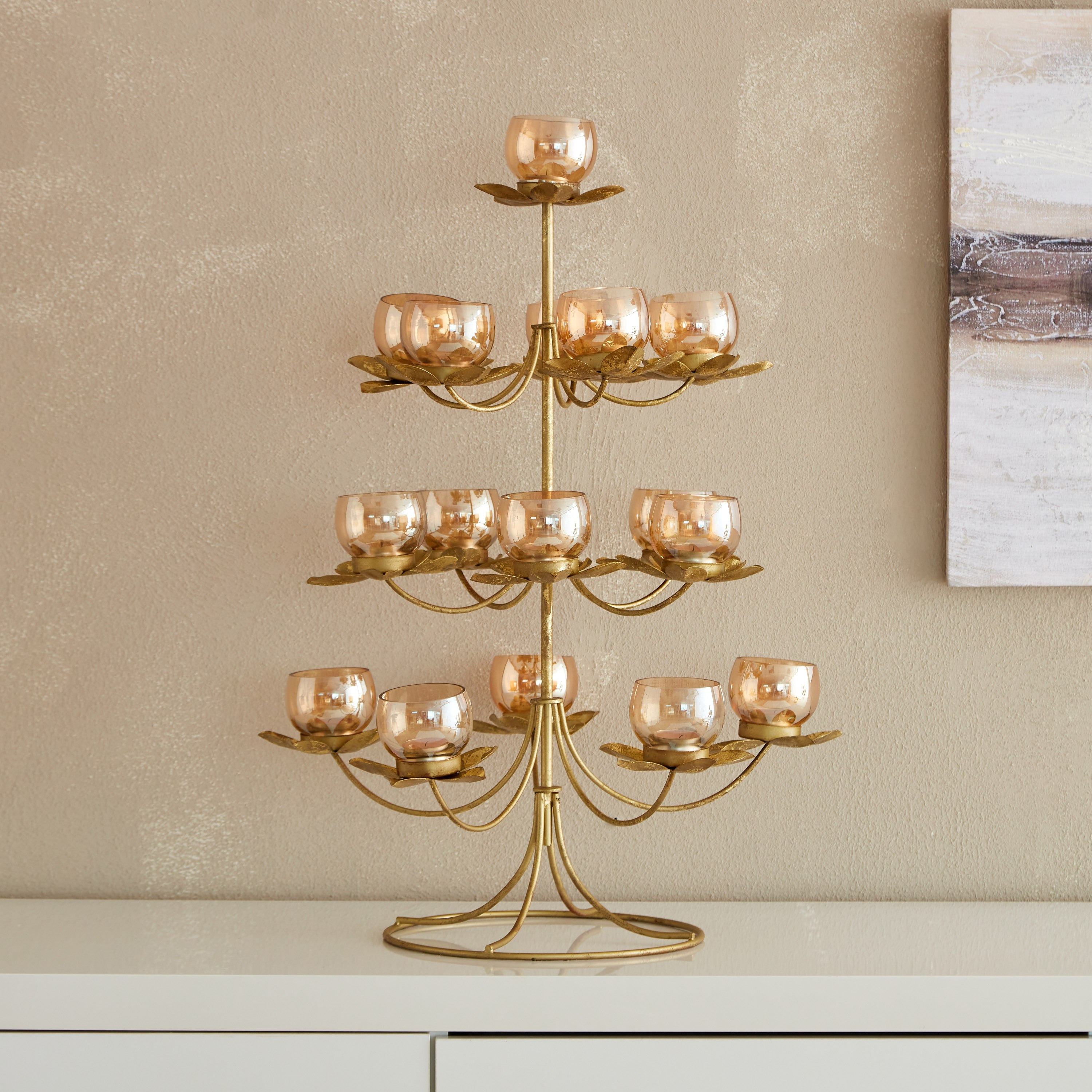 حامل شموع صغيرة معدن متعدد الطوابق بتصميم زهرة اللوتس من كومود - 48x48x64 سم-hbxlivingroom-decorandaccessories-candleholders-image-2
