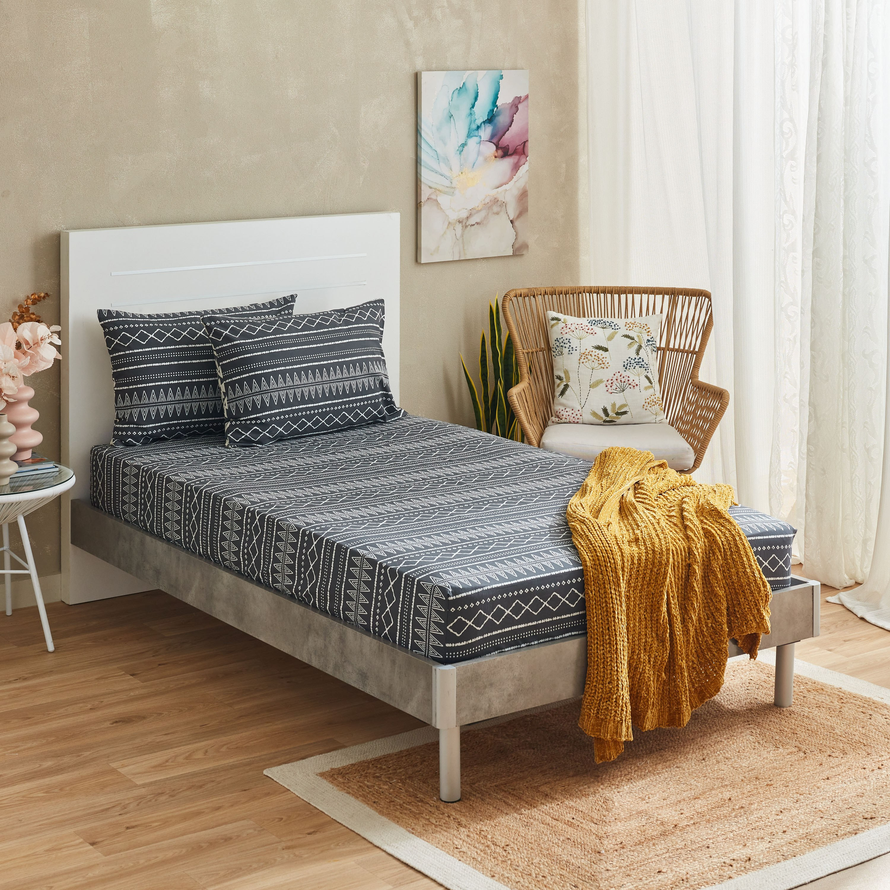 شرشف مطاطي قطن مزدوج بطبعات كليم أحادية اللون من زايلا - 120x200+33 سم-hbxhomeware-hbxbedroom-image-7