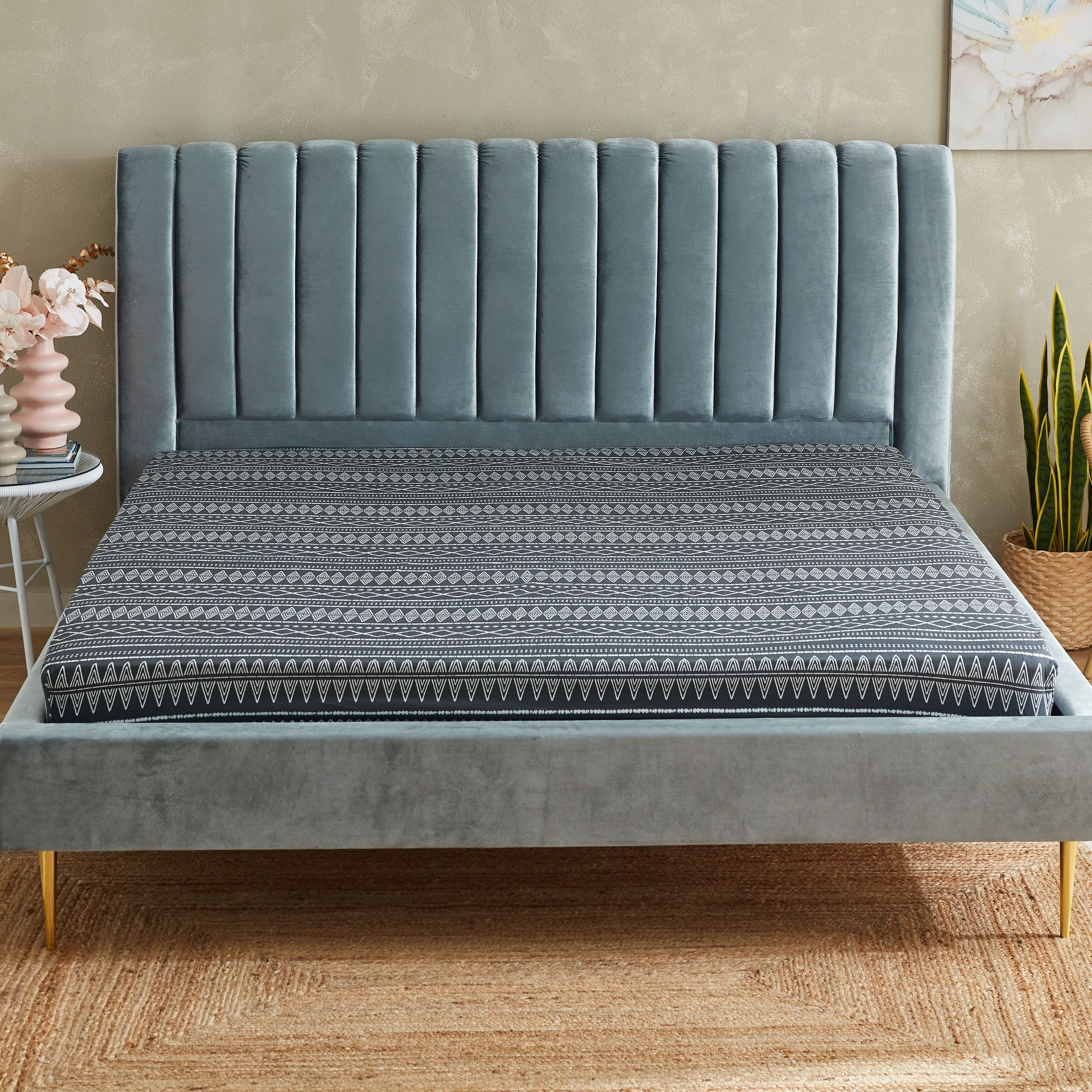 شرشف مطاطي قطن كينج بطبعات كليم أحادية اللون من زايلا - 180x200+33 سم-hbxhomeware-hbxbedroom-image-2