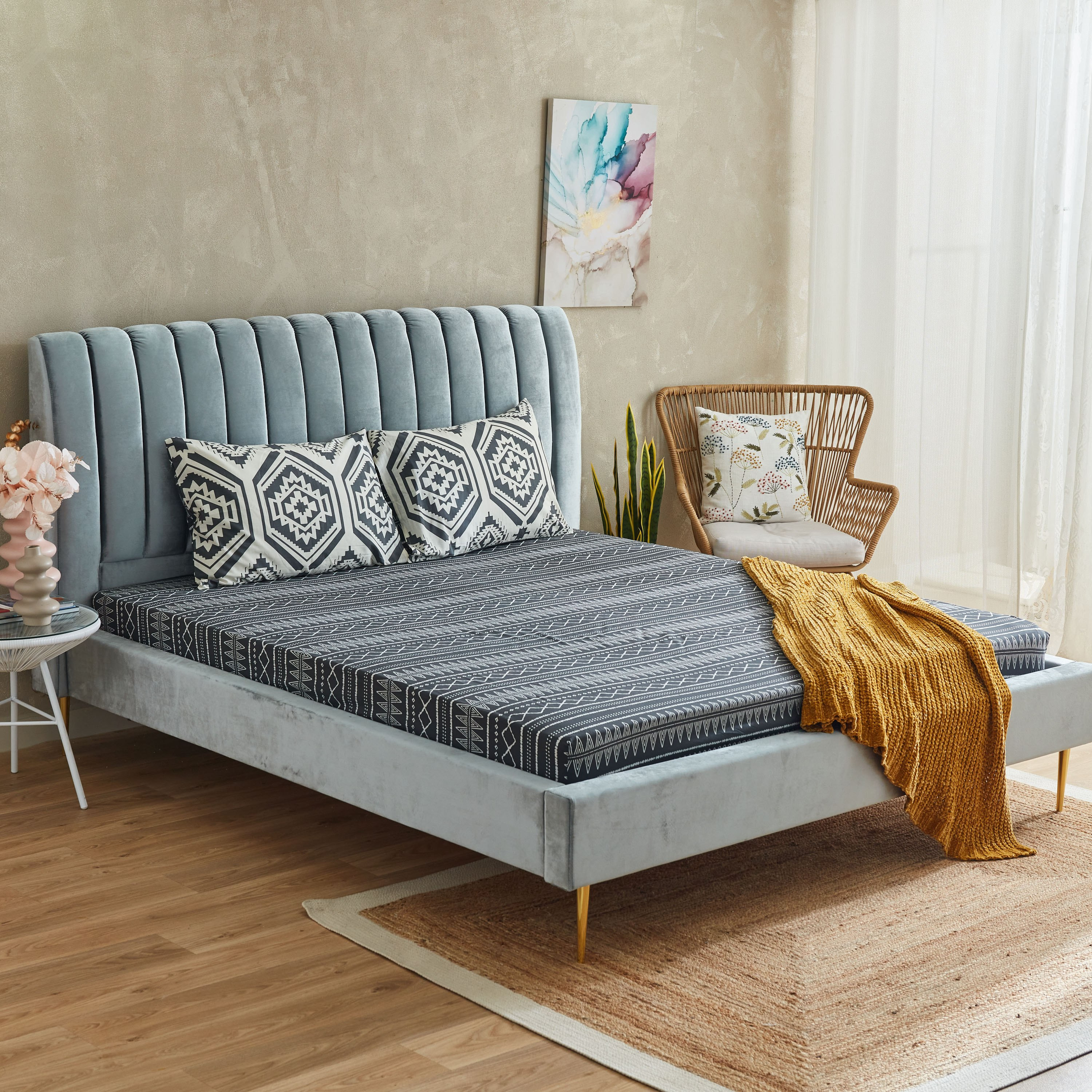شرشف مطاطي قطن كينج بطبعات كليم أحادية اللون من زايلا - 180x200+33 سم-hbxhomeware-hbxbedroom-image-7