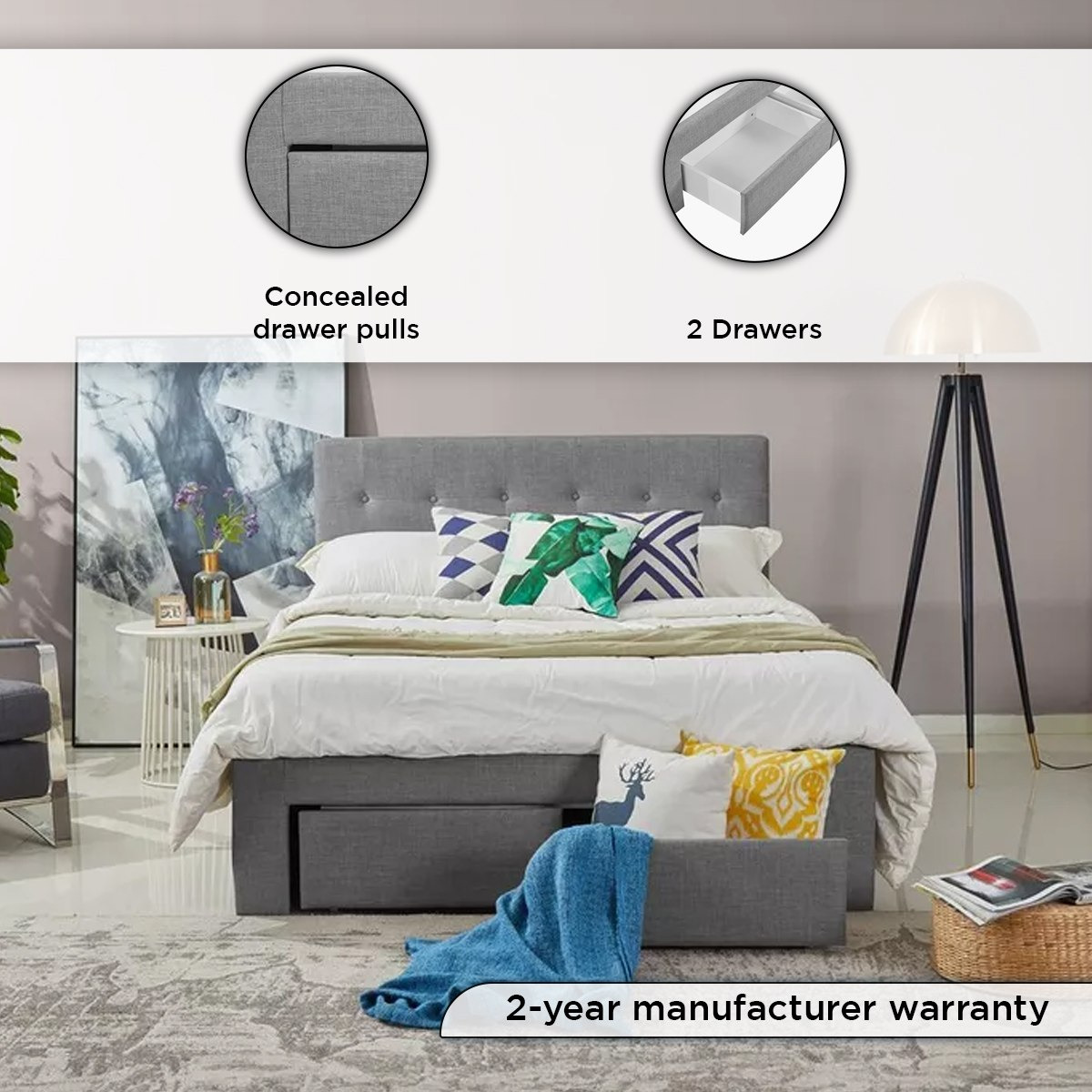 Oakland Queen Upholstered Bed with 2 Drawers - 150x200 cm-hbxbedroom-bedsandbedsets-beds-queen-image-4