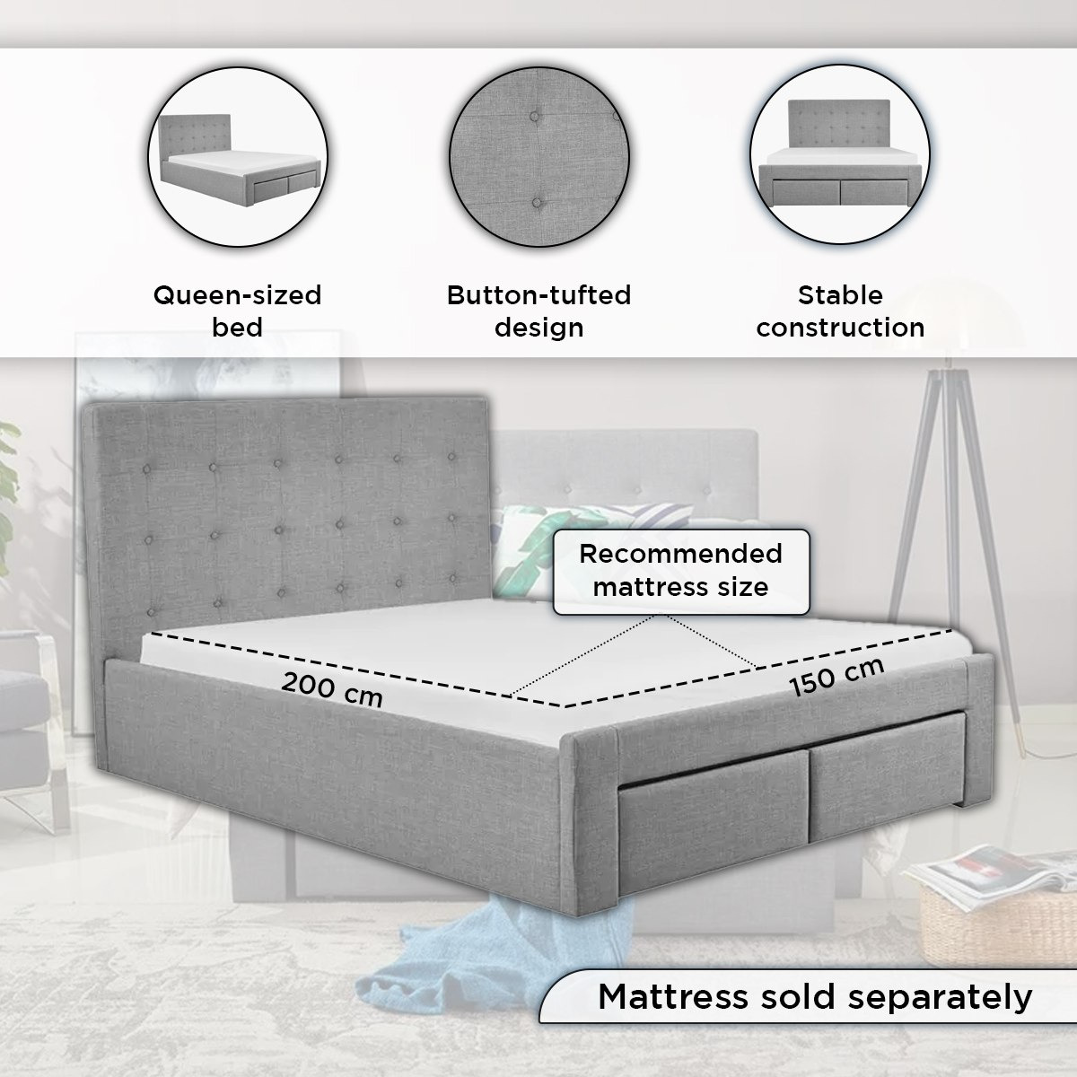 Oakland Queen Upholstered Bed with 2 Drawers - 150x200 cm-hbxbedroom-bedsandbedsets-beds-queen-image-6