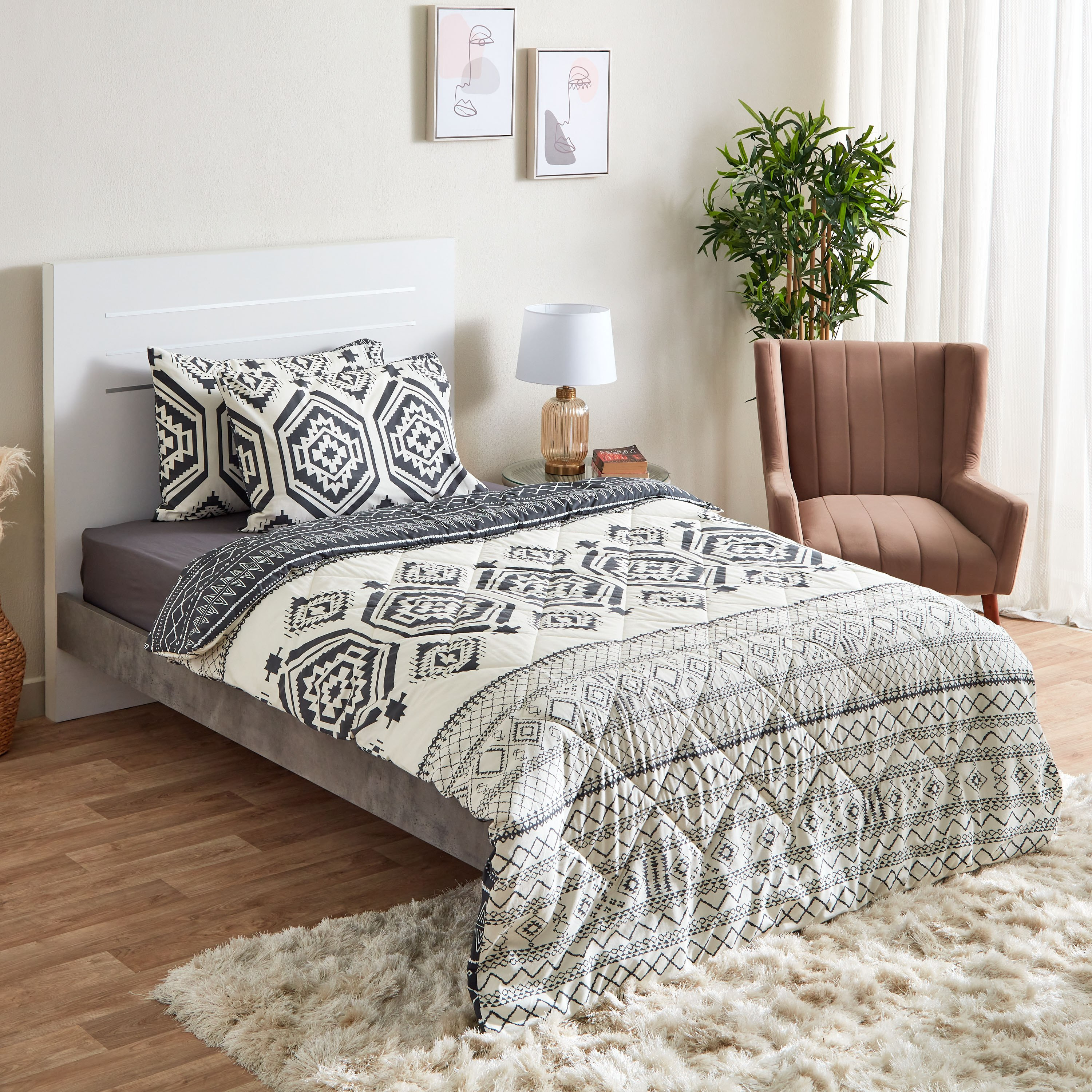 Zayla 3-Piece Kilim Print Monochrome Twin Cotton Reversible Comforter Set - 160x220 cm-PROMO_HB_AE_B1G1_250925-image-1