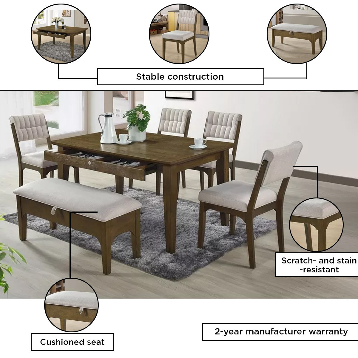 طقم سفرة 6 مقاعد مع مقعد بنش من موكا-hbxfurniture-diningtablesandsets-diningsets-sixseater-image-4